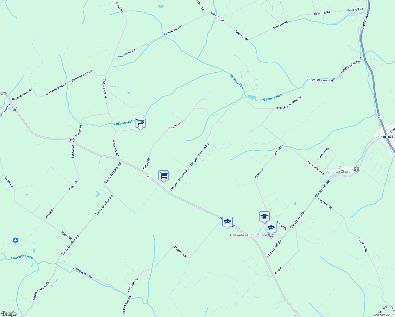 map of restaurants, bars, coffee shops, grocery stores, and more near 85 Traugers Crossing Road in Kintnersville