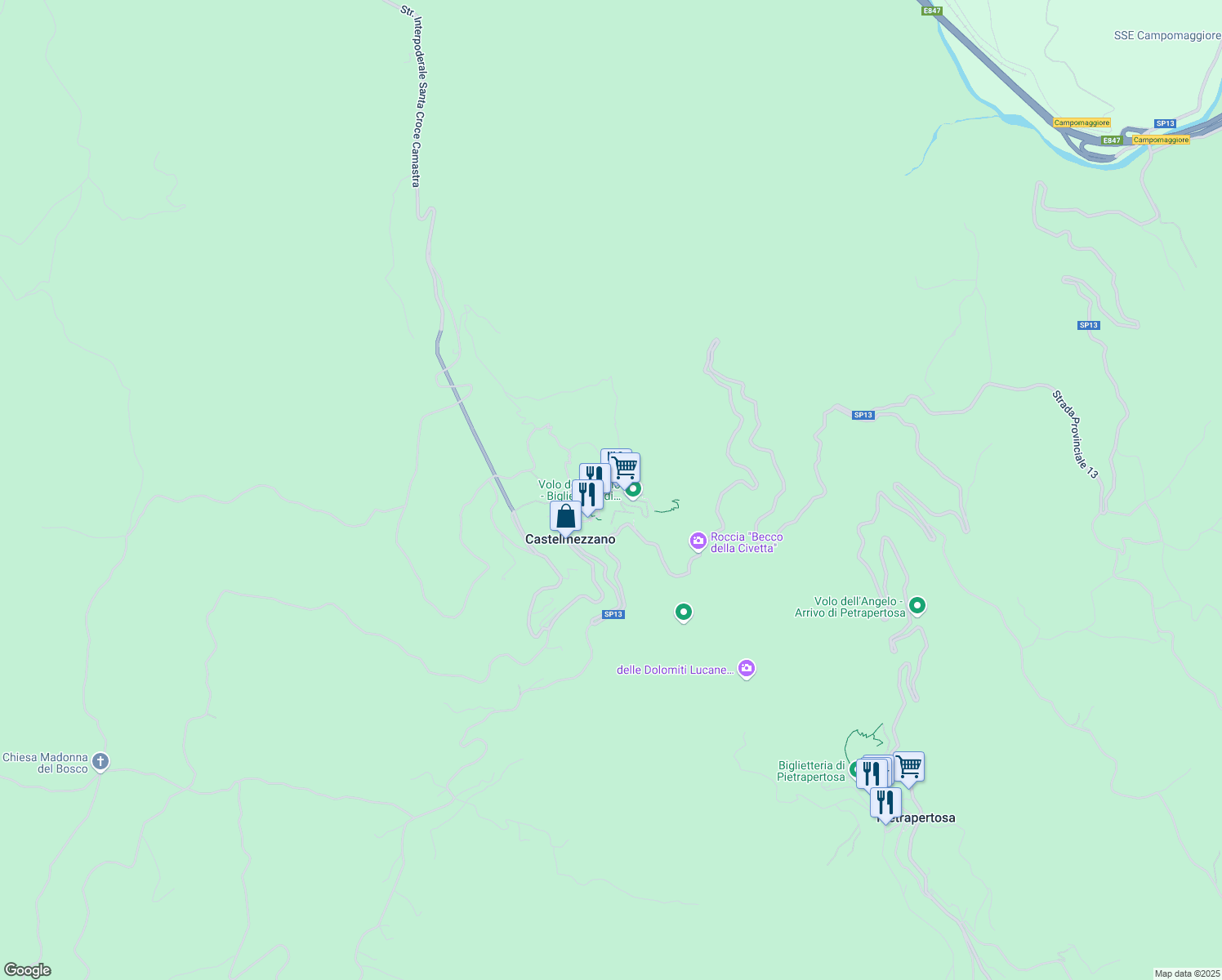 map of restaurants, bars, coffee shops, grocery stores, and more near 47 Via Roma in Castelmezzano