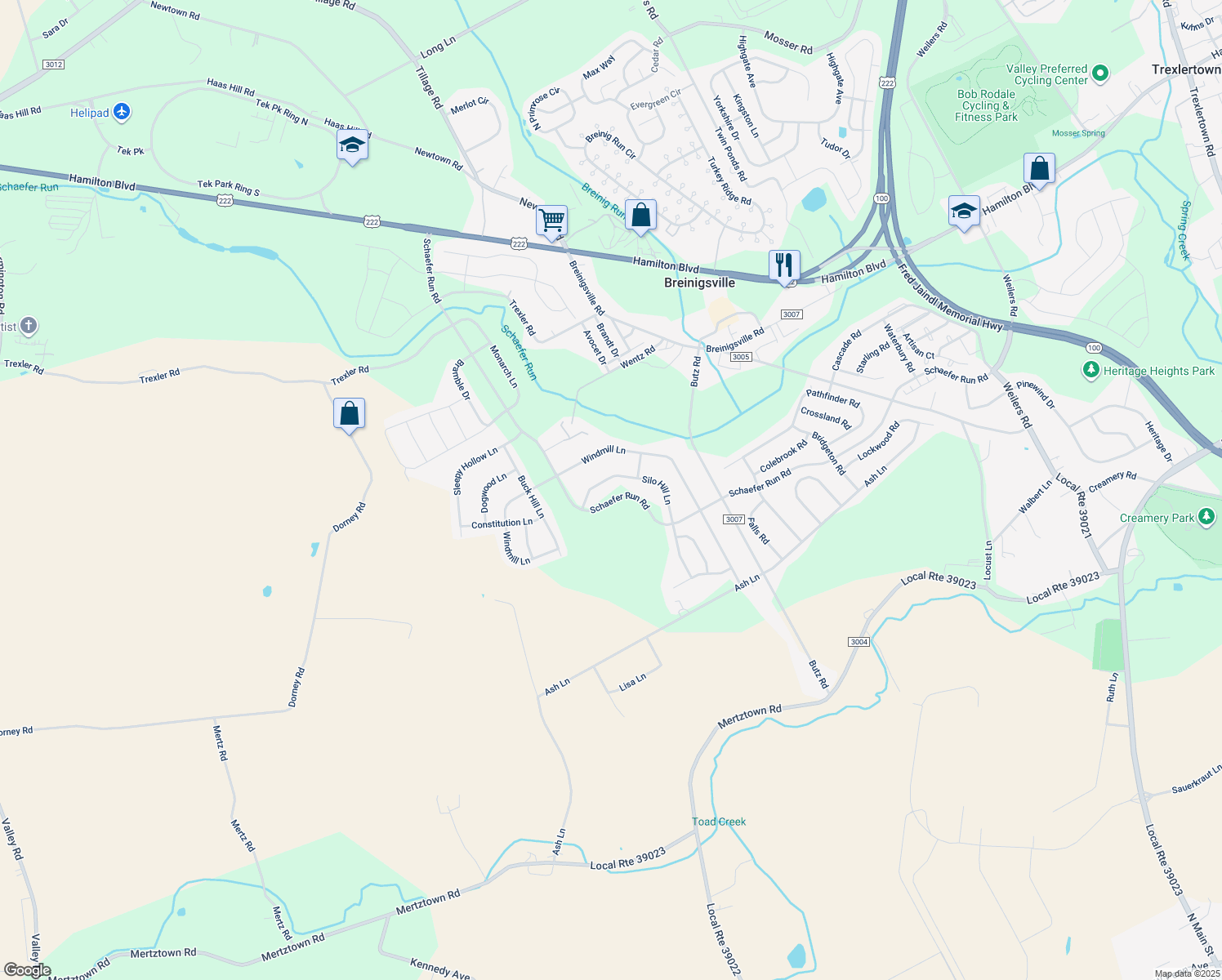 map of restaurants, bars, coffee shops, grocery stores, and more near 1540 Silo Hill Lane in Breinigsville