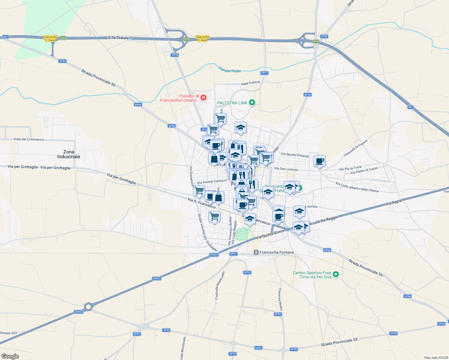 map of restaurants, bars, coffee shops, grocery stores, and more near 9A Via Santa Cesarea in Francavilla Fontana
