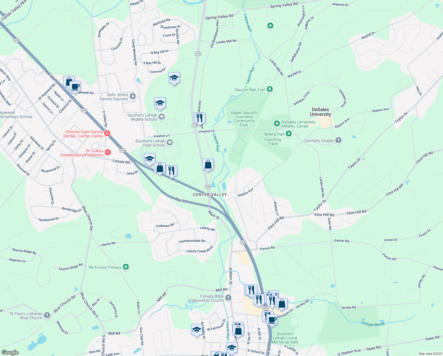 map of restaurants, bars, coffee shops, grocery stores, and more near 3621 Station Avenue in Lehigh County