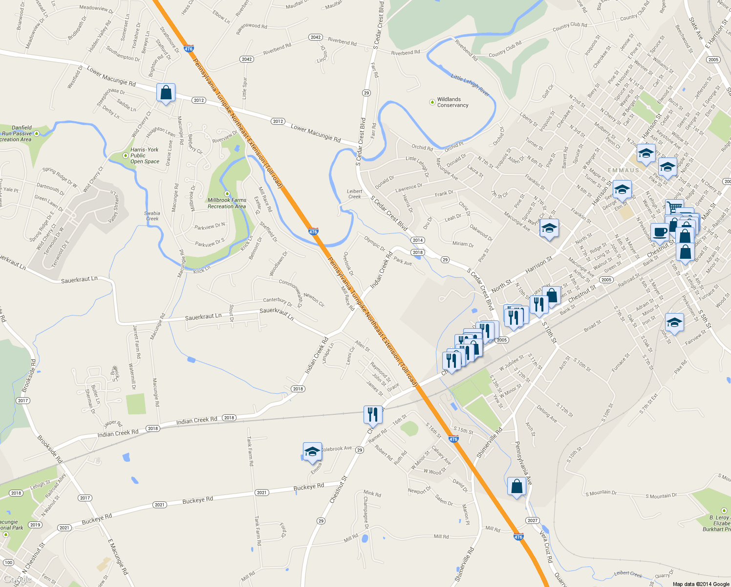 map of restaurants, bars, coffee shops, grocery stores, and more near 4200 Indian Creek Road in Emmaus