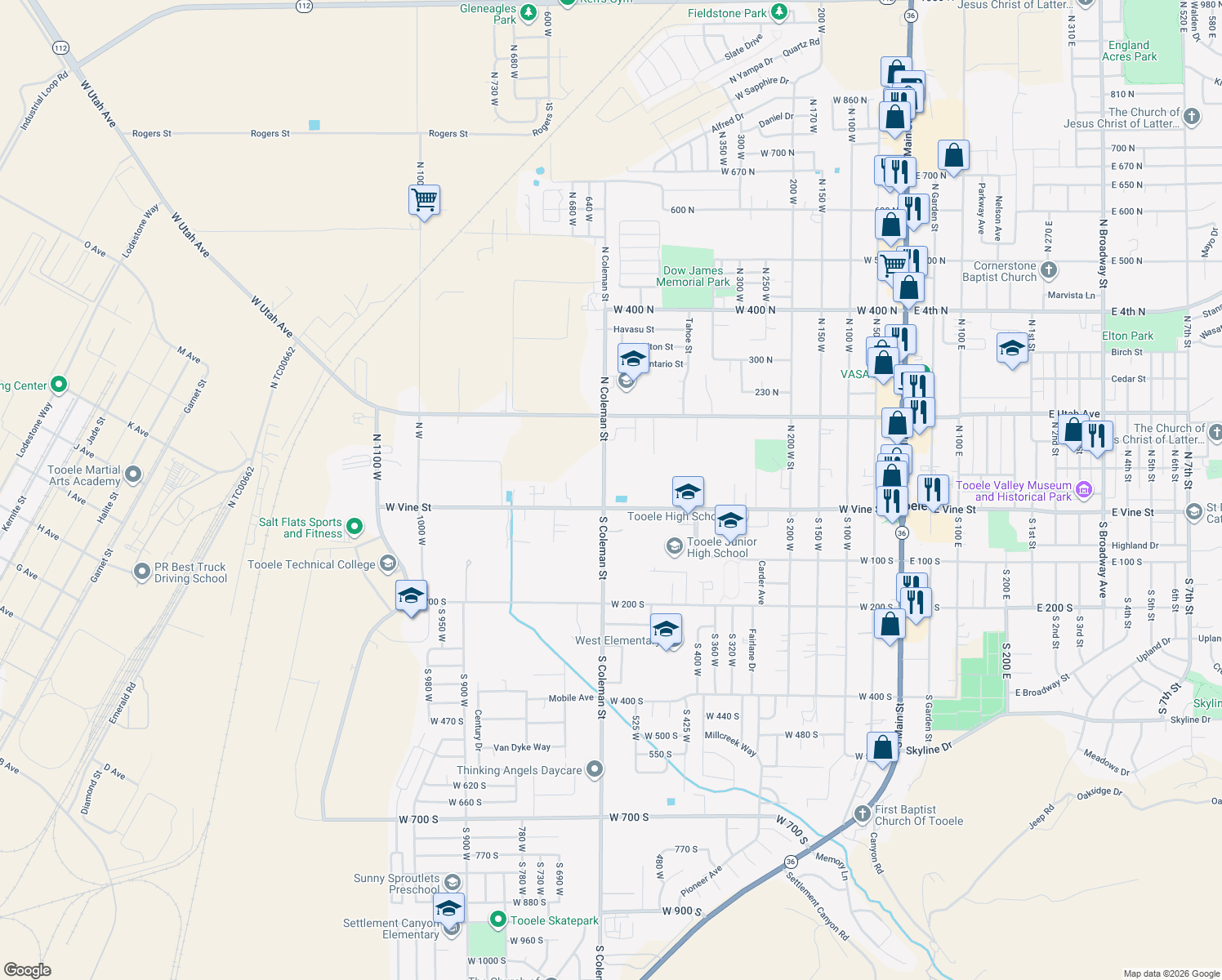 map of restaurants, bars, coffee shops, grocery stores, and more near 50 North Coleman Street in Tooele