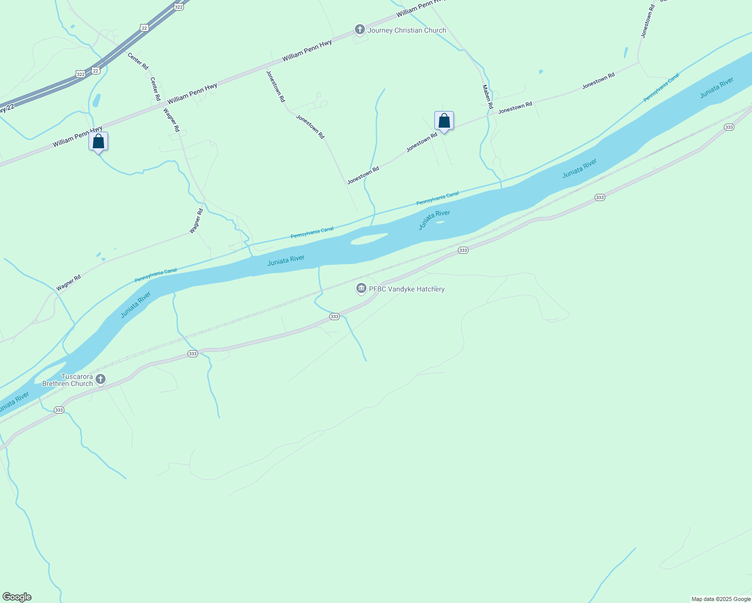 map of restaurants, bars, coffee shops, grocery stores, and more near 18264 Pennsylvania 333 in Port Royal