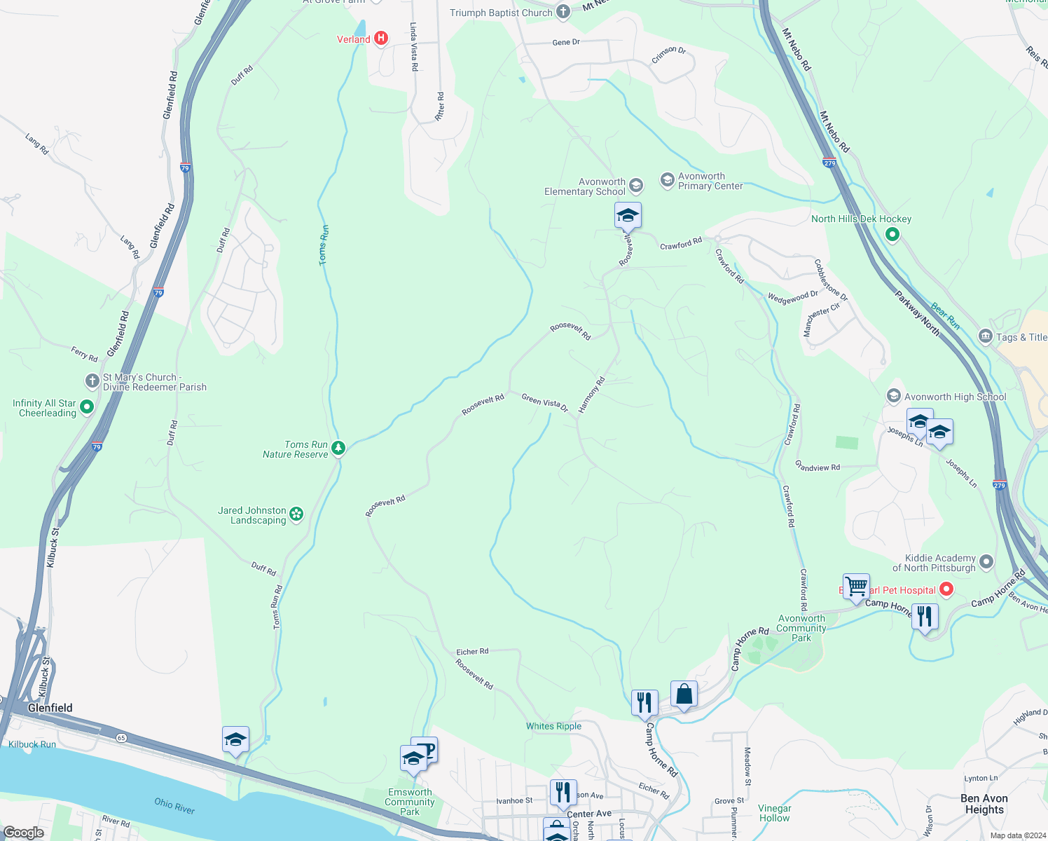 map of restaurants, bars, coffee shops, grocery stores, and more near 116 Clarette Road in Pittsburgh