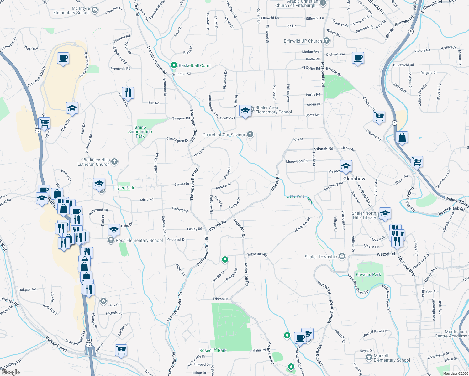 map of restaurants, bars, coffee shops, grocery stores, and more near 202 Sandy Drive in Glenshaw