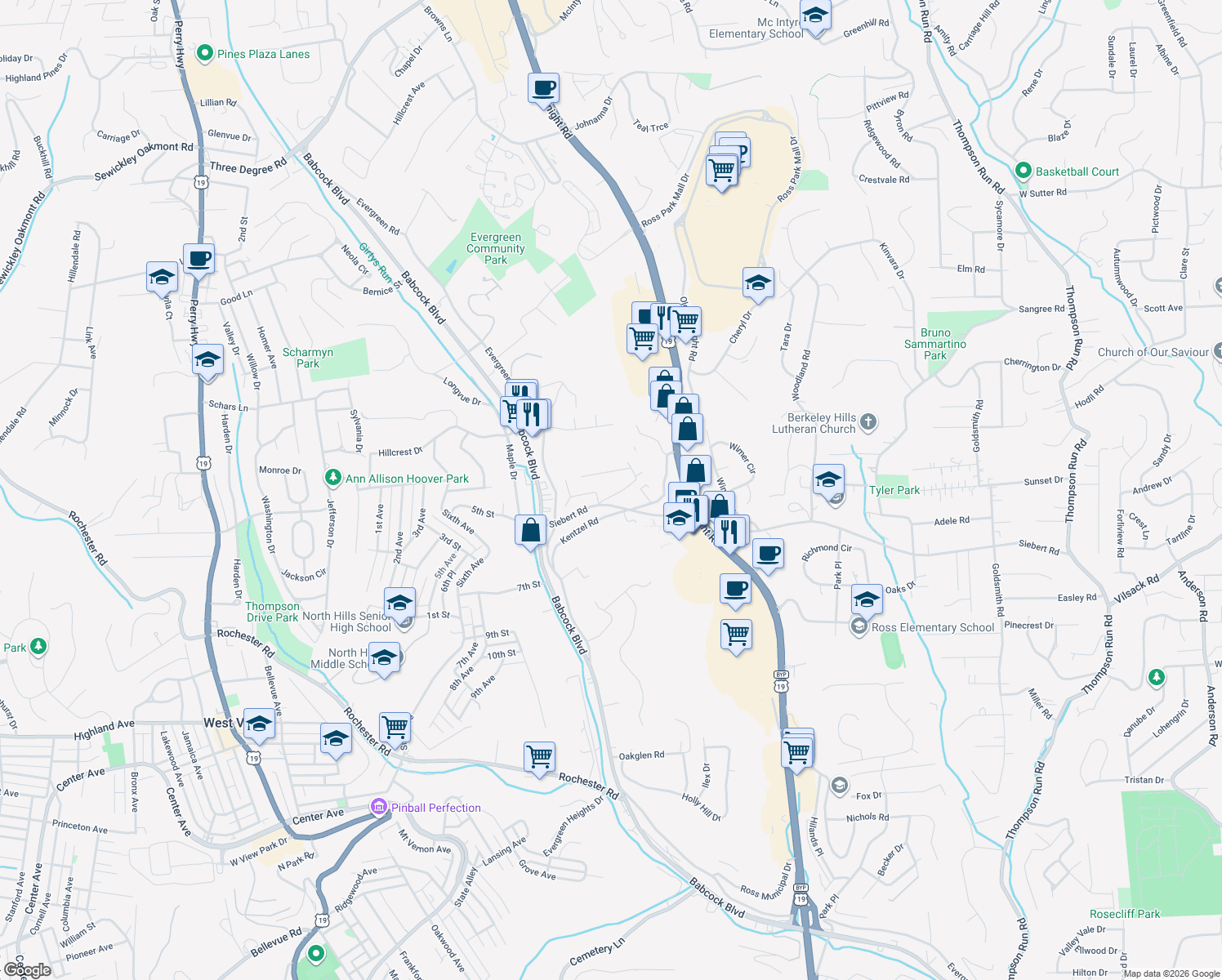 map of restaurants, bars, coffee shops, grocery stores, and more near 107 Simon Ave in Pittsburgh