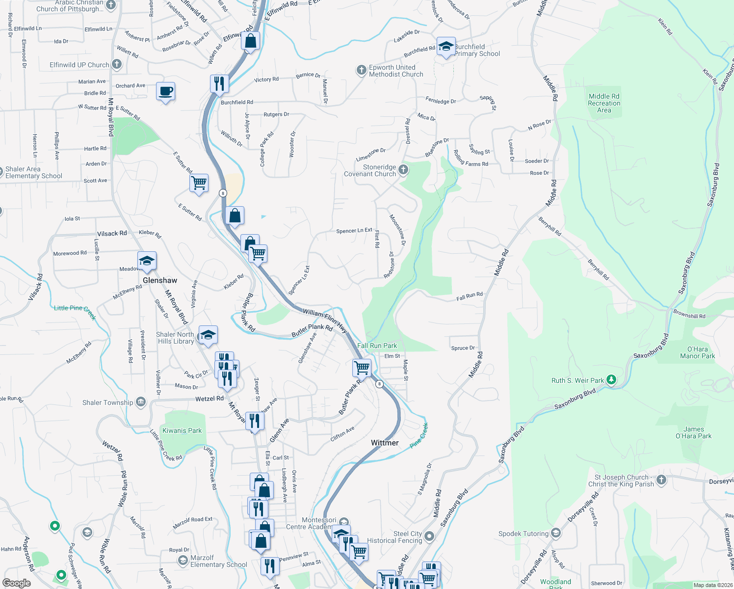map of restaurants, bars, coffee shops, grocery stores, and more near 574 Kimble Drive in Glenshaw