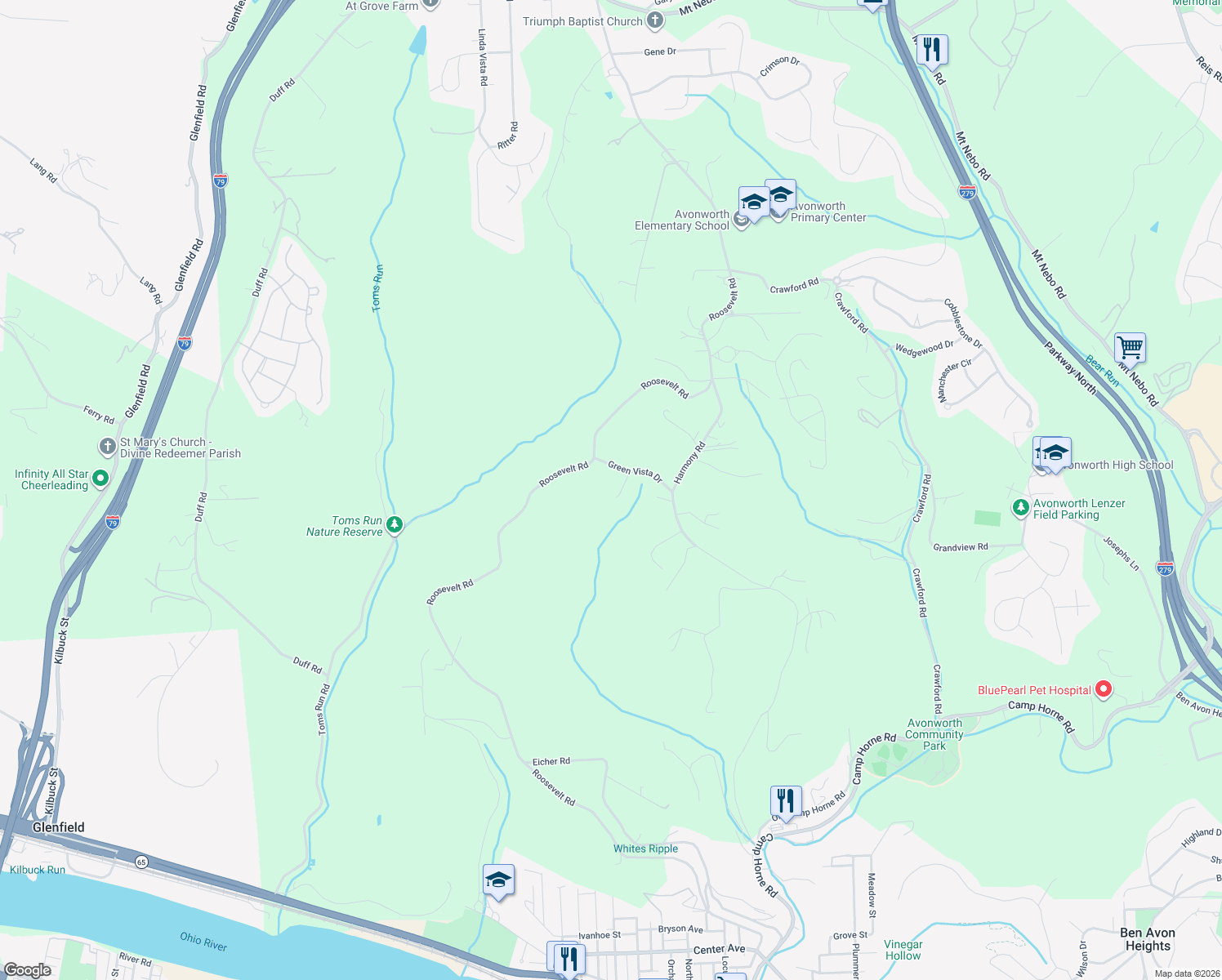 map of restaurants, bars, coffee shops, grocery stores, and more near 116 Clarette Road in Pittsburgh