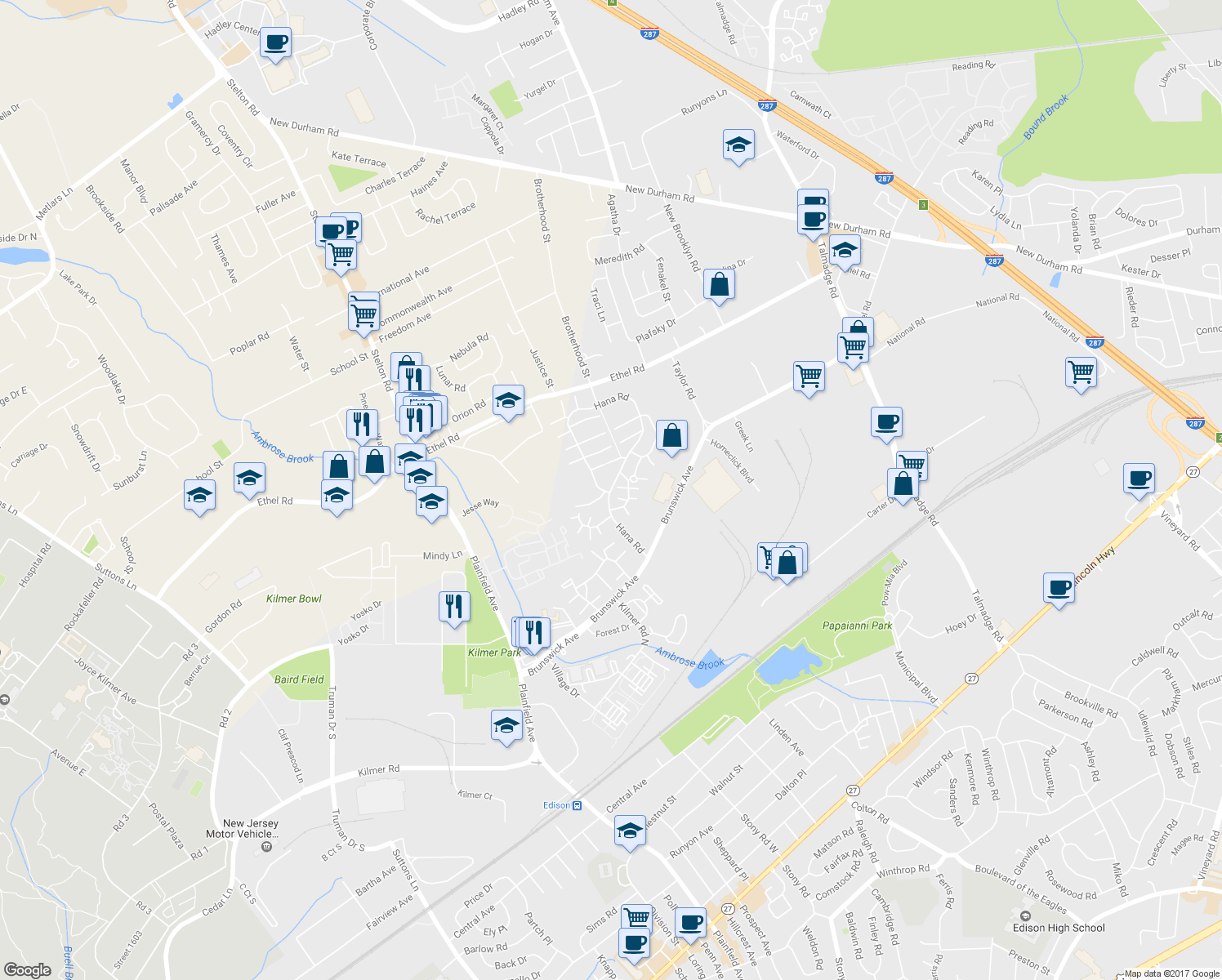map of restaurants, bars, coffee shops, grocery stores, and more near 85 Hana Road in Edison