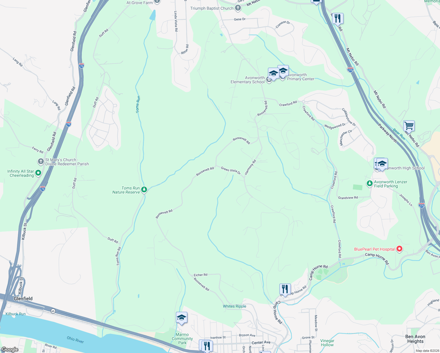 map of restaurants, bars, coffee shops, grocery stores, and more near 116 Clarette Road in Pittsburgh