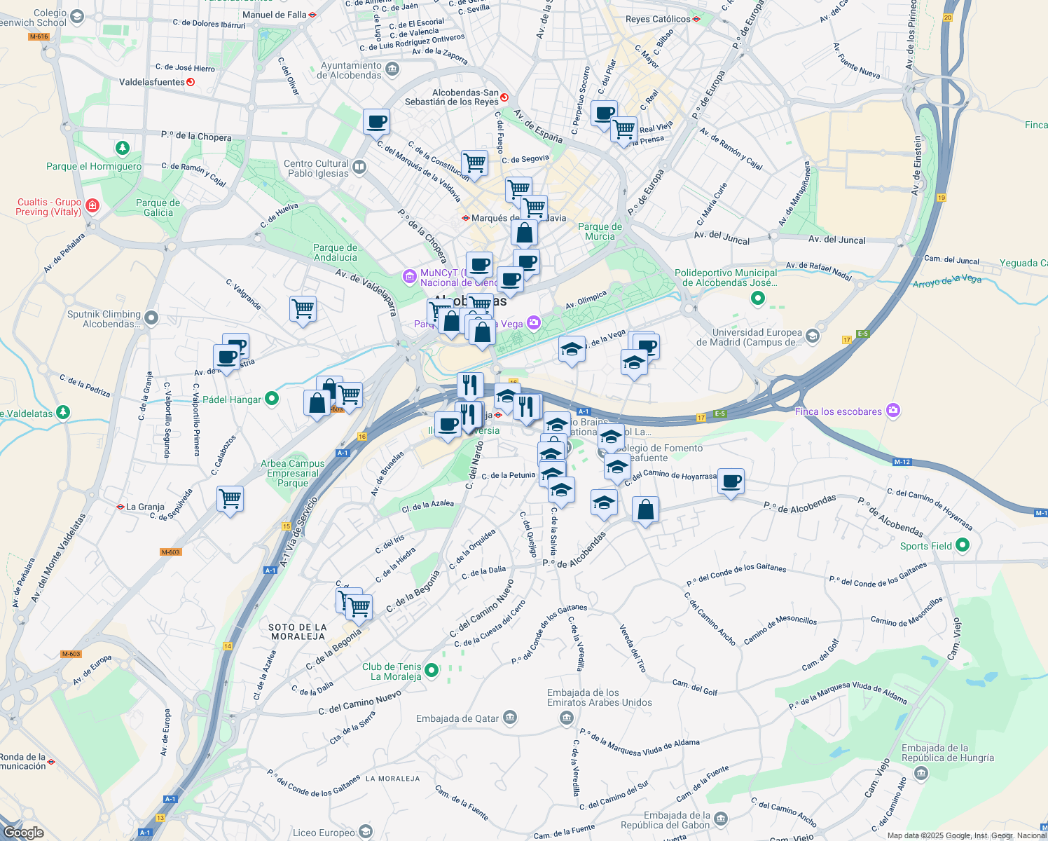 map of restaurants, bars, coffee shops, grocery stores, and more near 24 Avenida de Bruselas in Alcobendas
