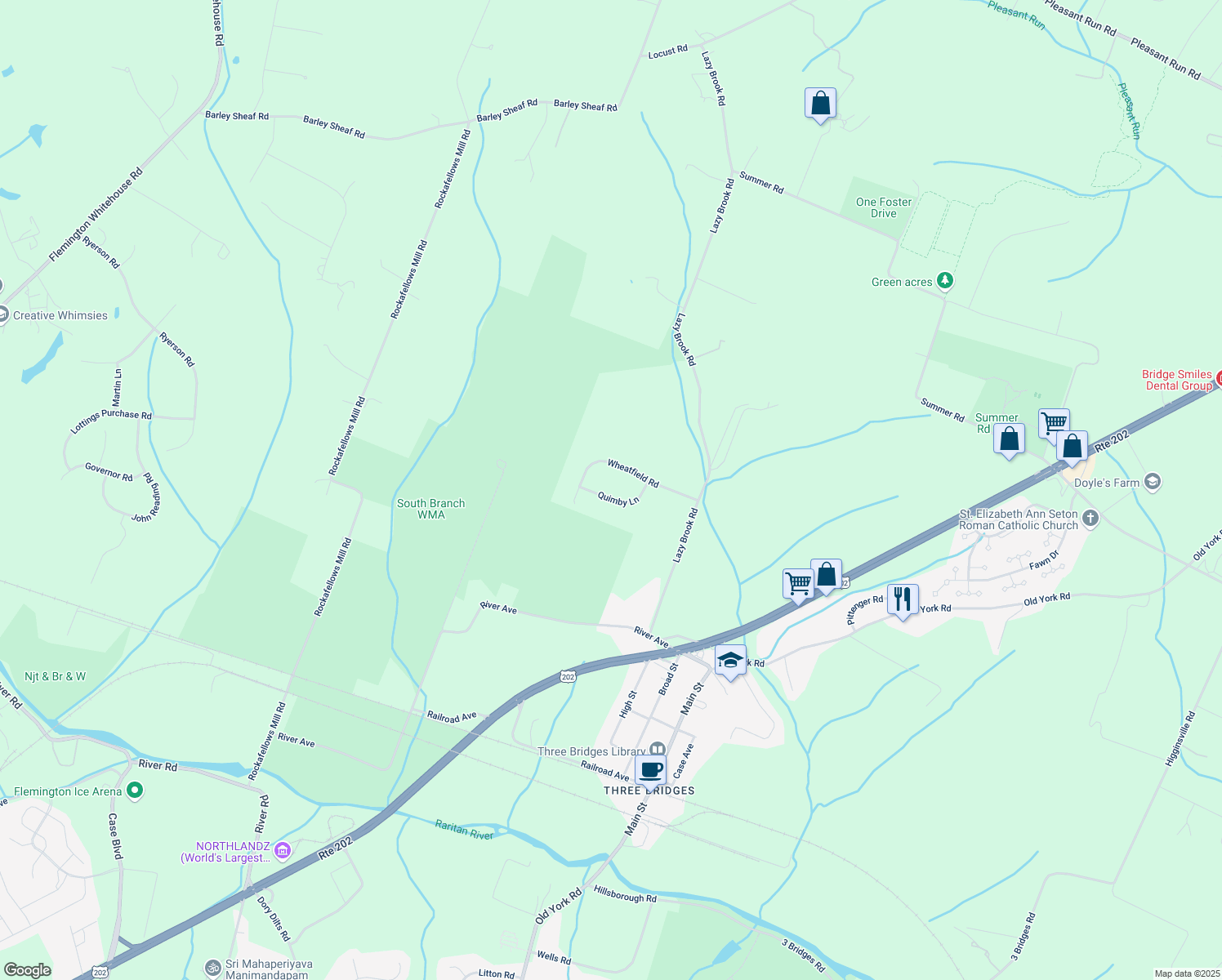 map of restaurants, bars, coffee shops, grocery stores, and more near 6 Quimby Lane in Flemington