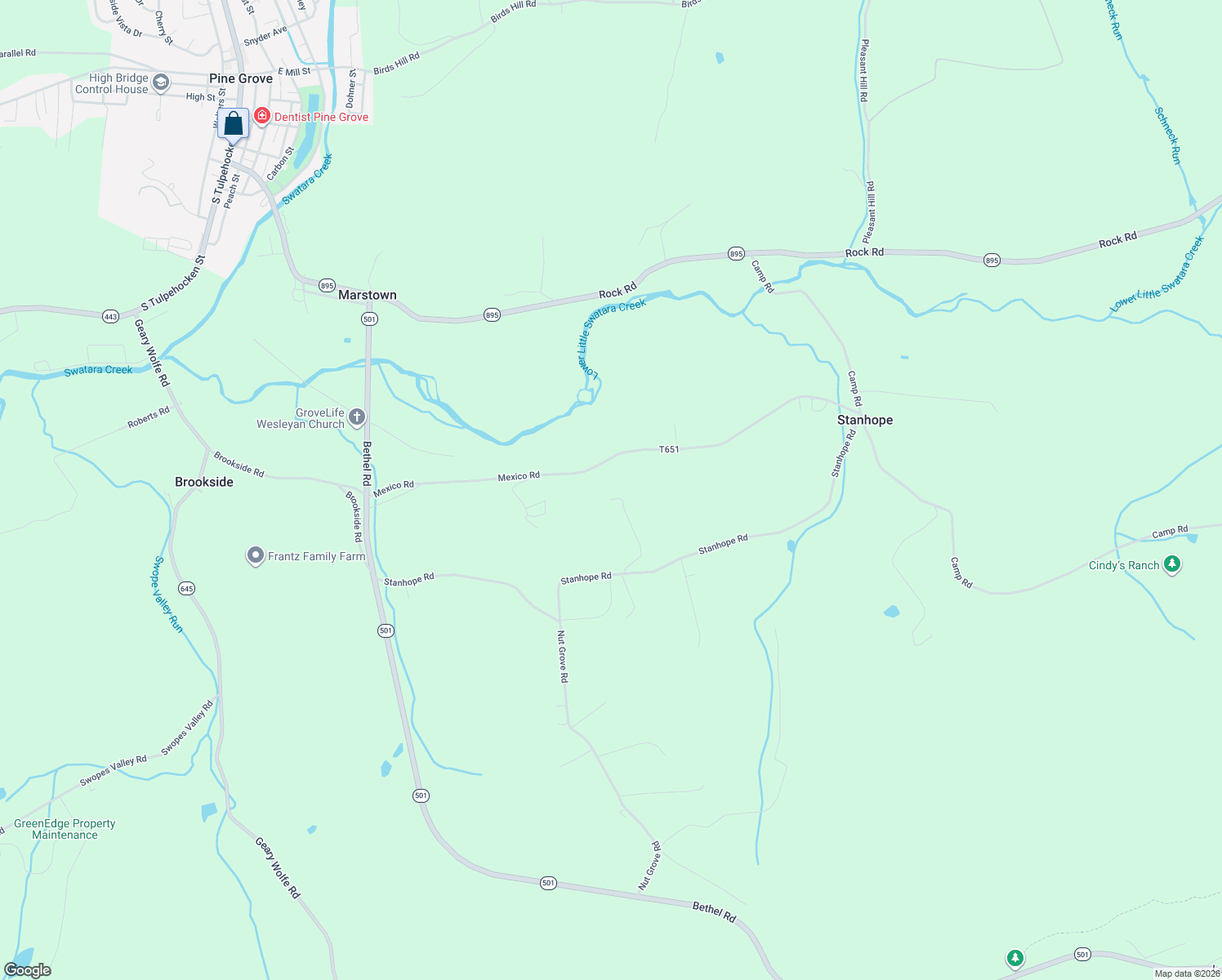 map of restaurants, bars, coffee shops, grocery stores, and more near 130 Mexico Road in Pine Grove