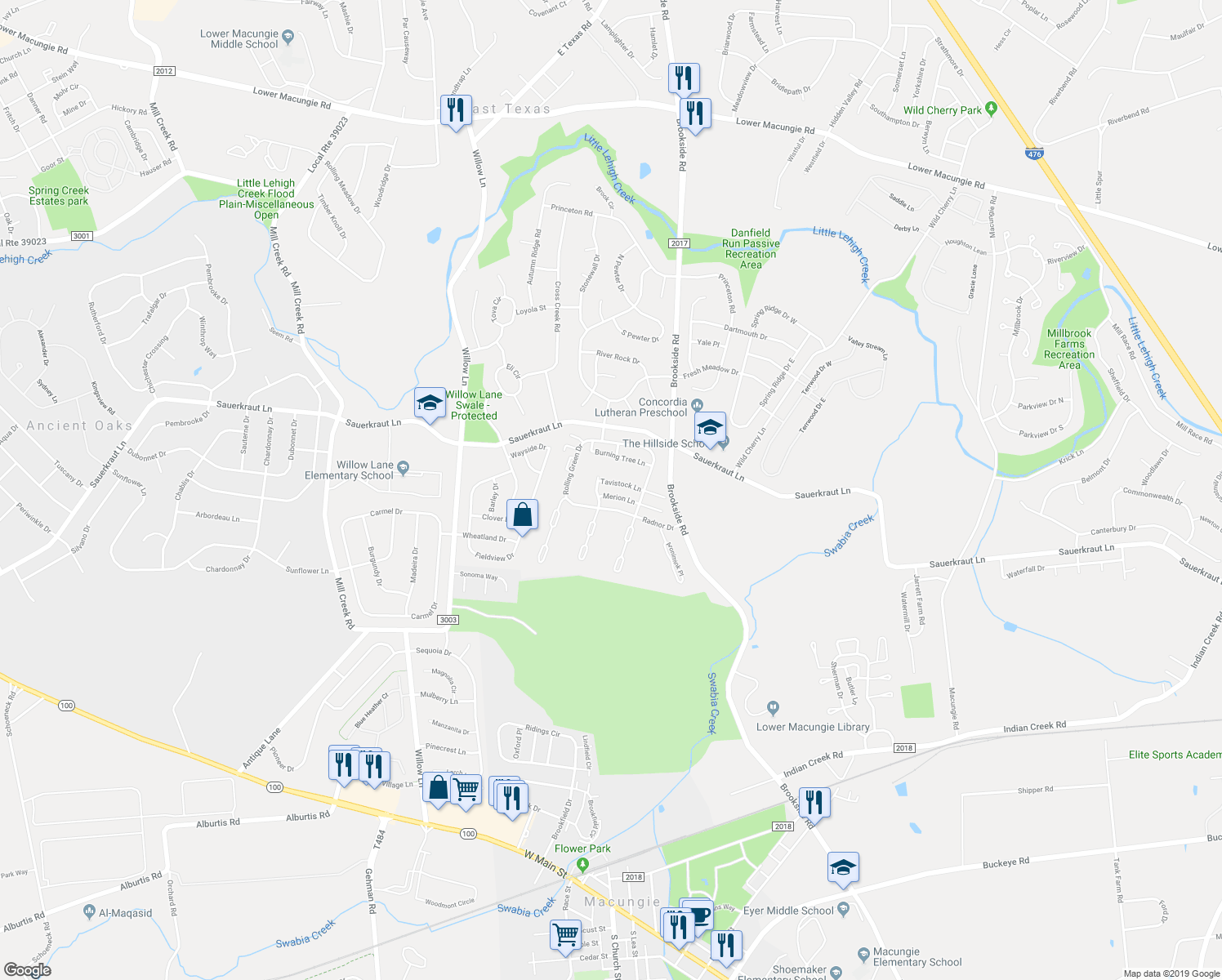 map of restaurants, bars, coffee shops, grocery stores, and more near 2687 Rolling Green Drive in Macungie