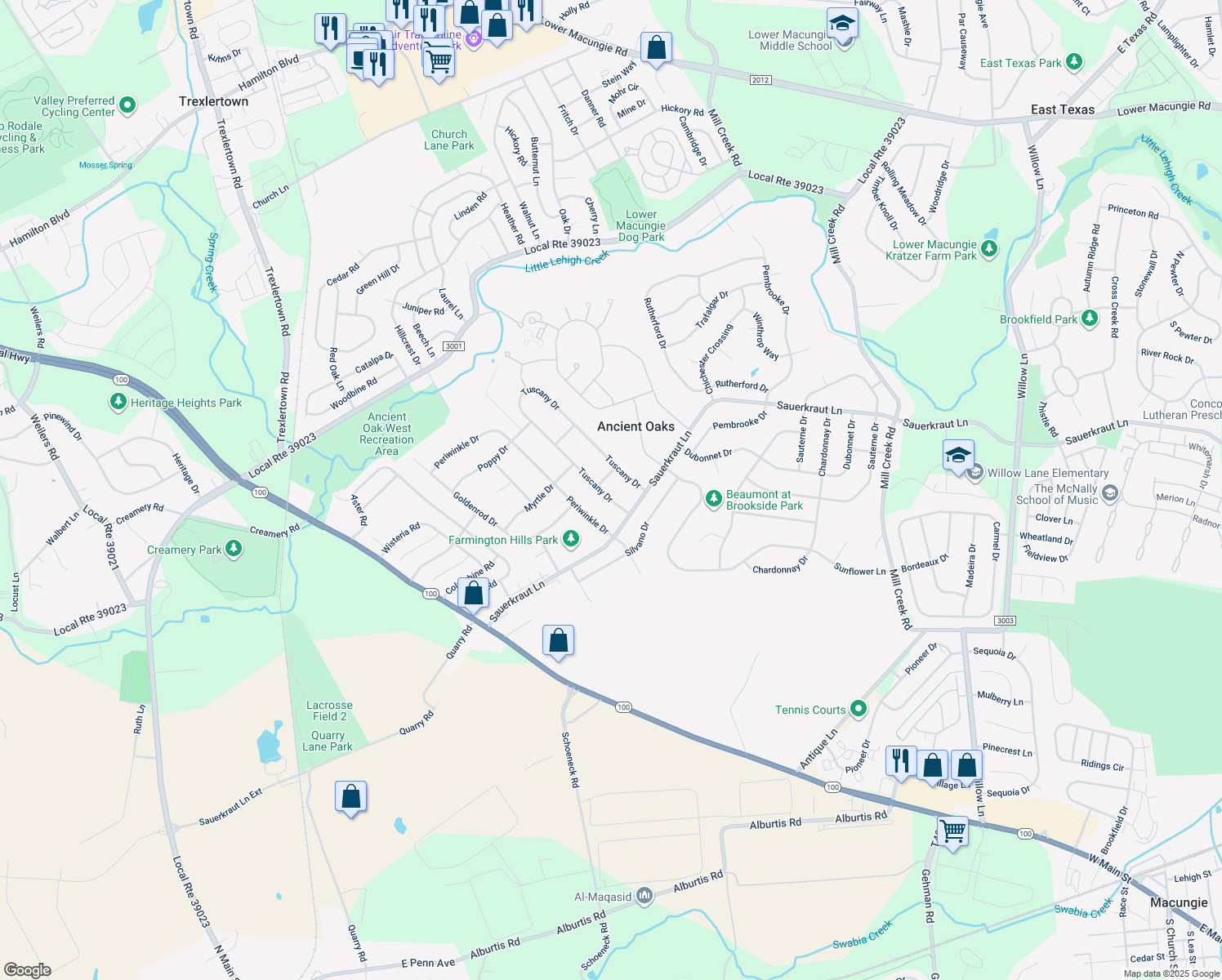 map of restaurants, bars, coffee shops, grocery stores, and more near 7186 Tuscany Drive in Macungie