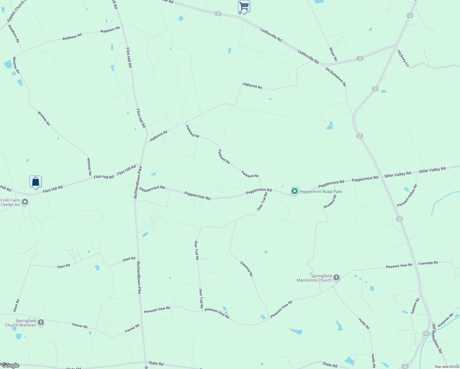map of restaurants, bars, coffee shops, grocery stores, and more near 1609 Peppermint Road in Coopersburg