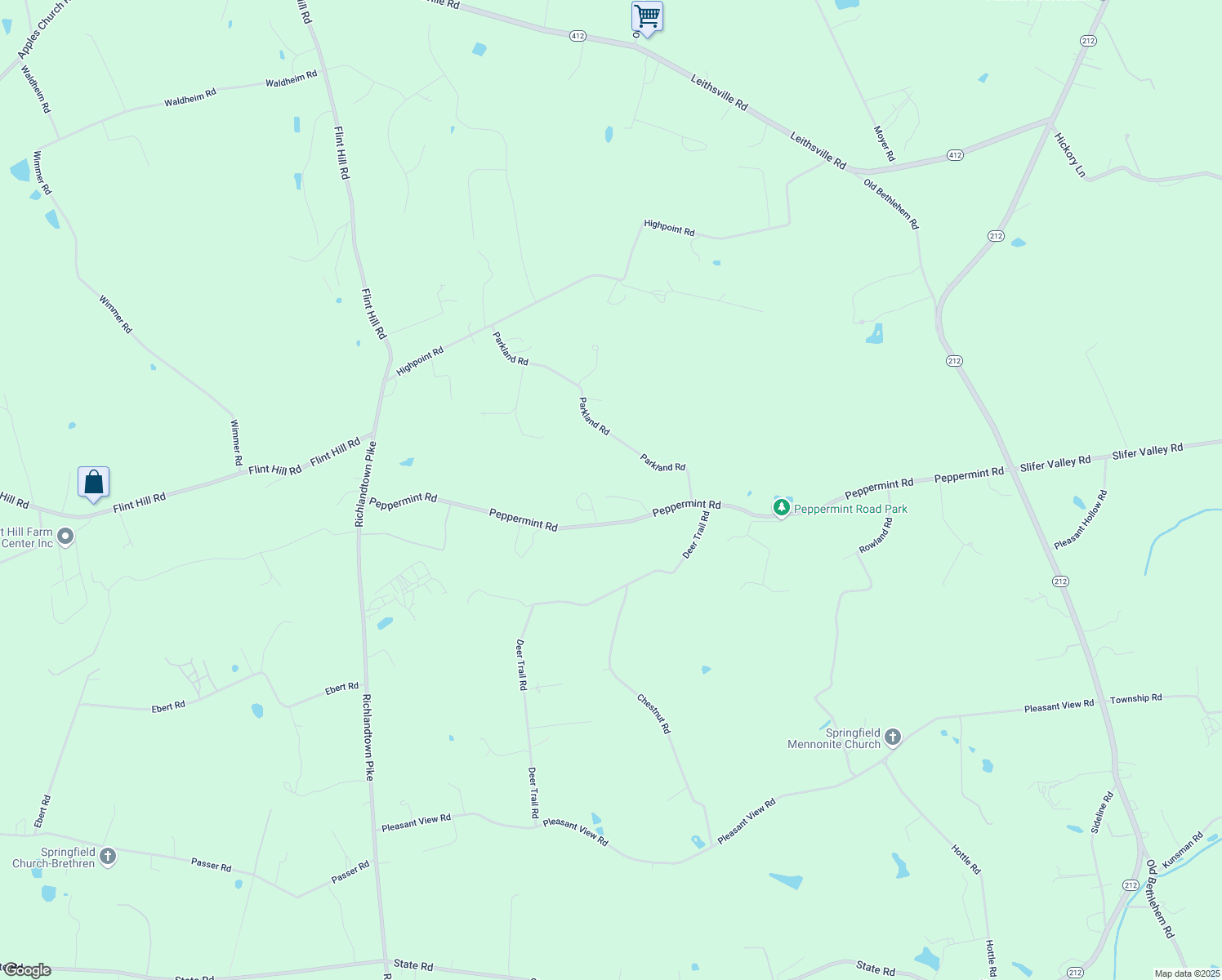 map of restaurants, bars, coffee shops, grocery stores, and more near 1609 Peppermint Road in Coopersburg