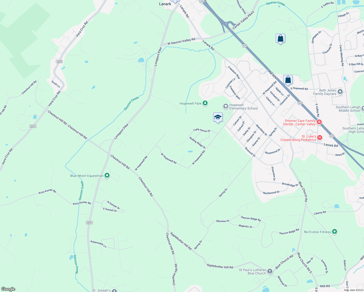 map of restaurants, bars, coffee shops, grocery stores, and more near 5130 Curly Horse Drive in Center Valley
