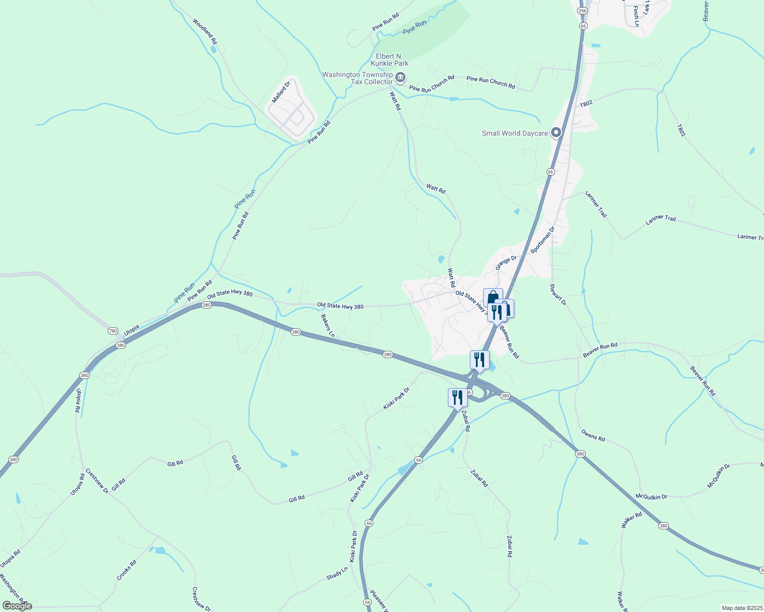 map of restaurants, bars, coffee shops, grocery stores, and more near 220 North Washington Road in Apollo