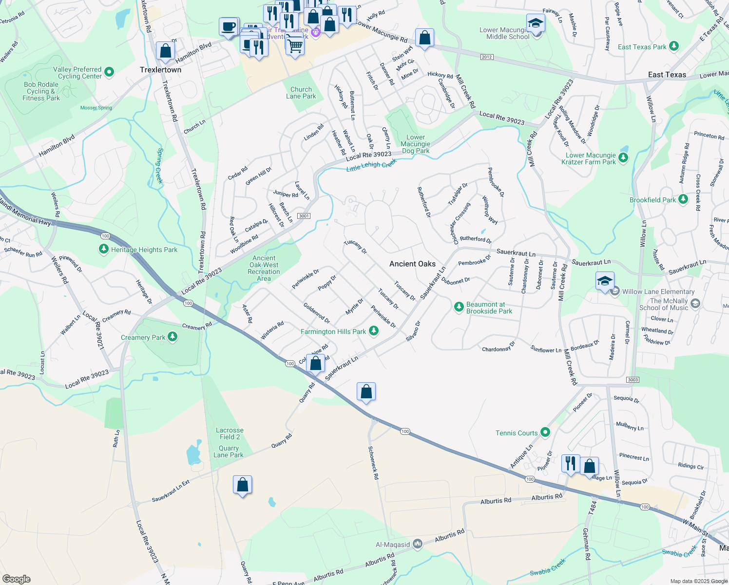 map of restaurants, bars, coffee shops, grocery stores, and more near 7129 Myrtle Dr in Macungie