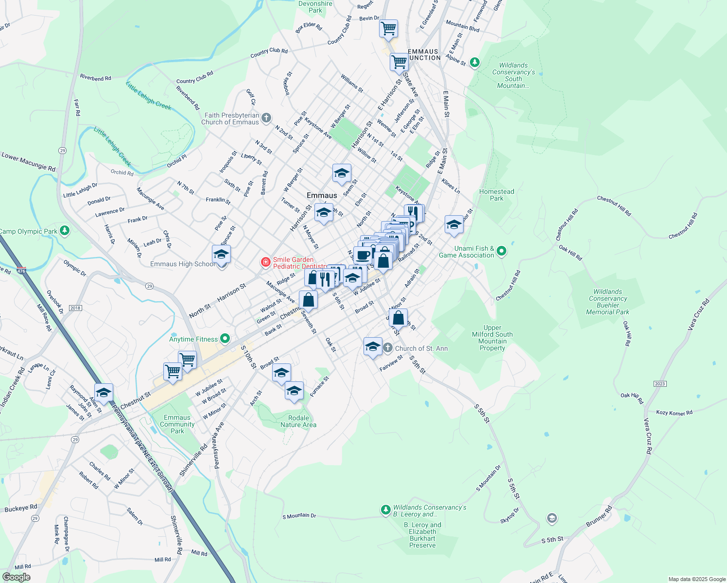 map of restaurants, bars, coffee shops, grocery stores, and more near 518 West Jubilee Street in Emmaus