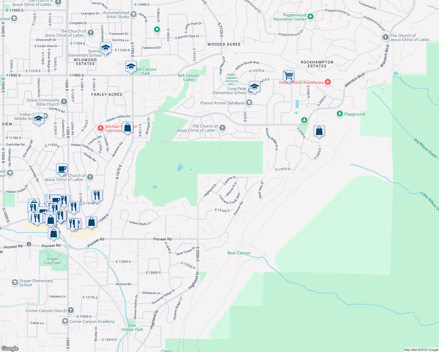 map of restaurants, bars, coffee shops, grocery stores, and more near 2103 Genova Dr in Draper