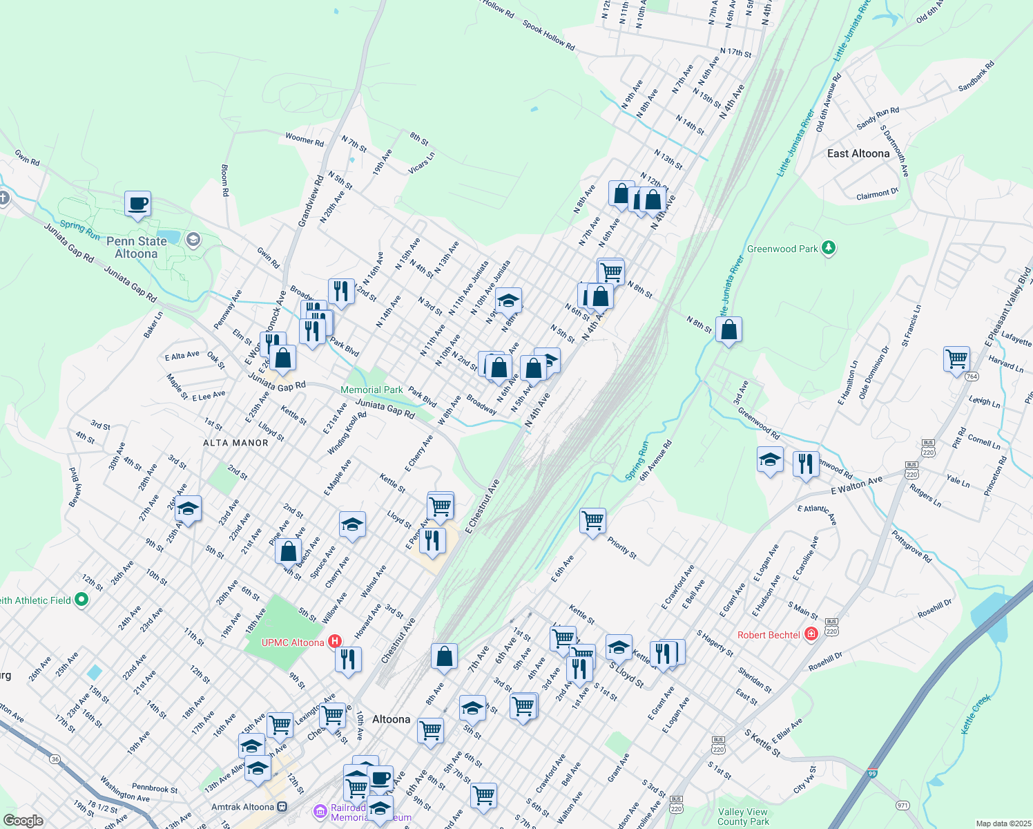 map of restaurants, bars, coffee shops, grocery stores, and more near 115 N Park Pl in Altoona