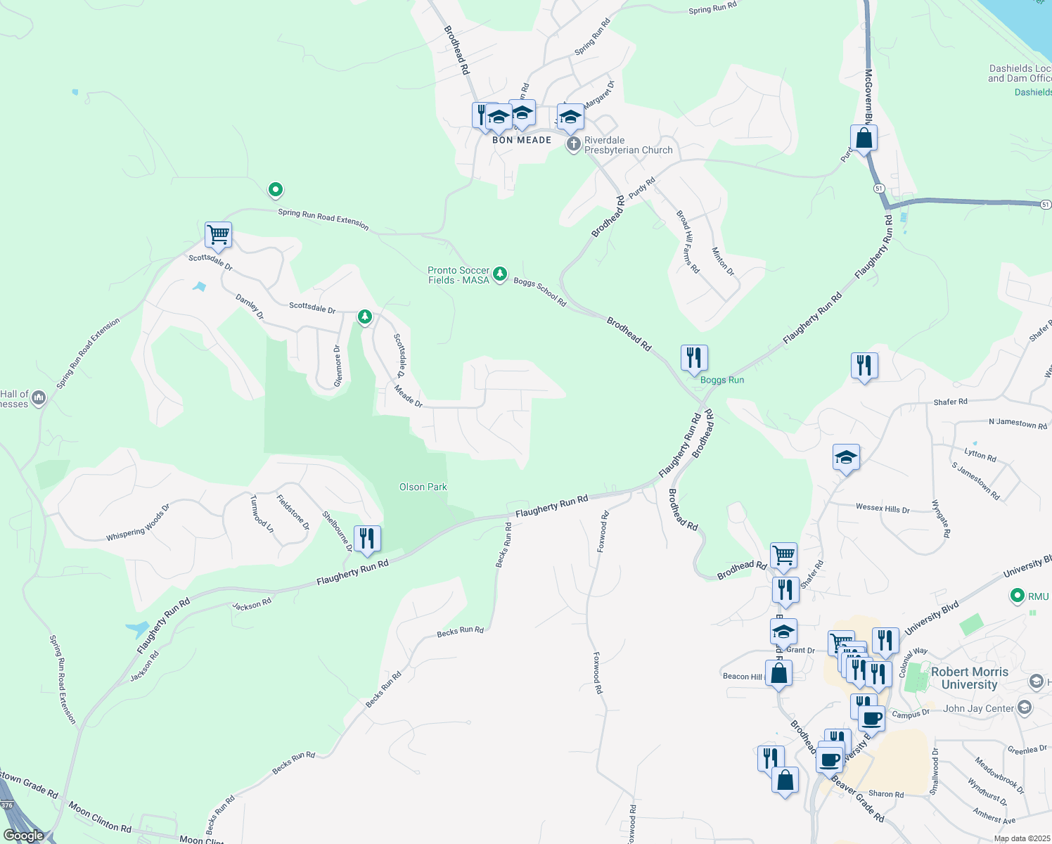 map of restaurants, bars, coffee shops, grocery stores, and more near 407 Lytham Court in Coraopolis