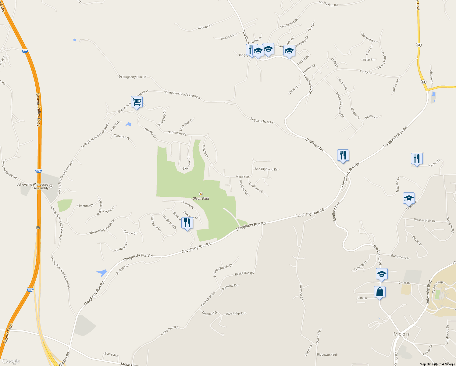 map of restaurants, bars, coffee shops, grocery stores, and more near 104 Inverness Drive in Coraopolis