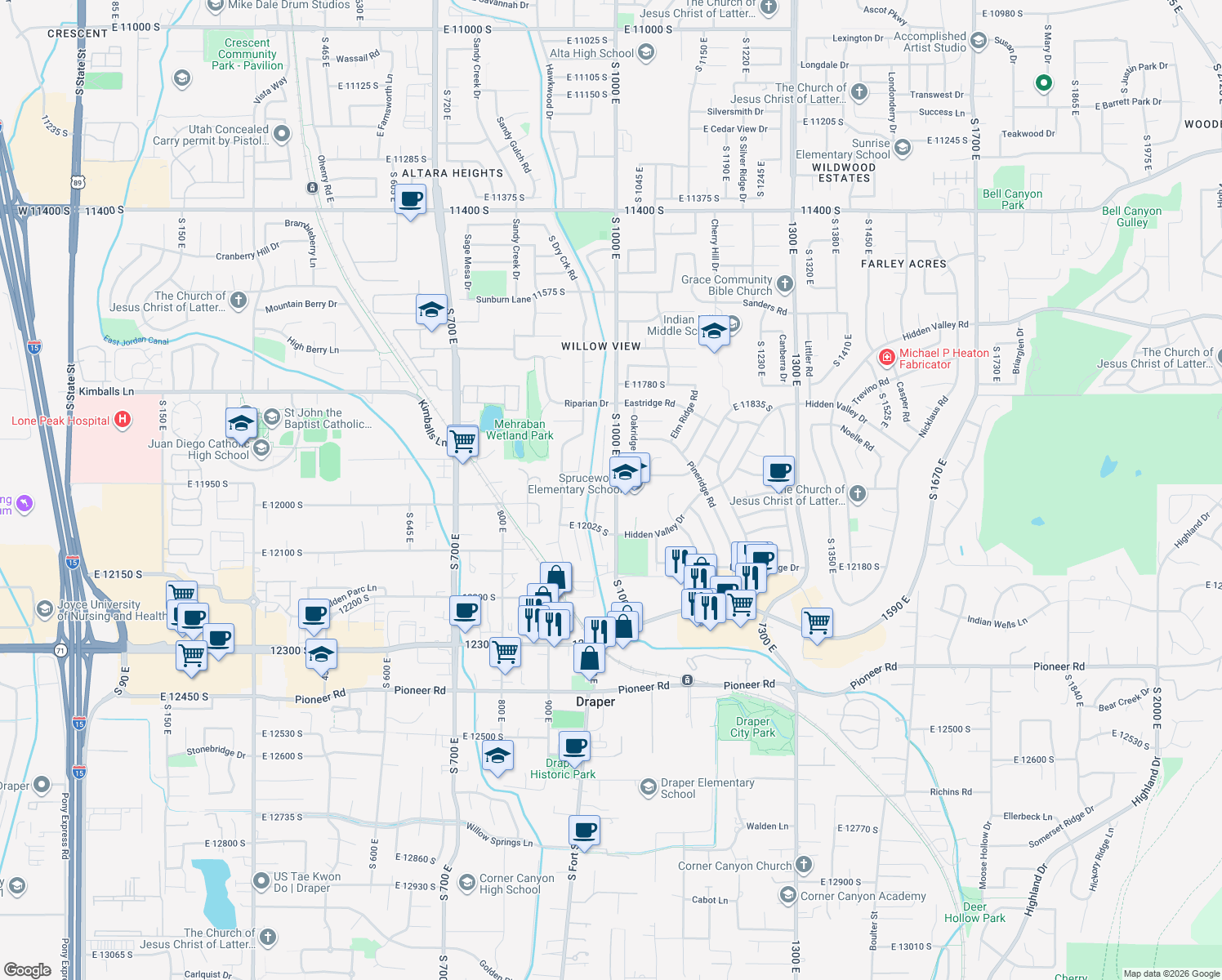 map of restaurants, bars, coffee shops, grocery stores, and more near 987 Blue Heron Way in Draper