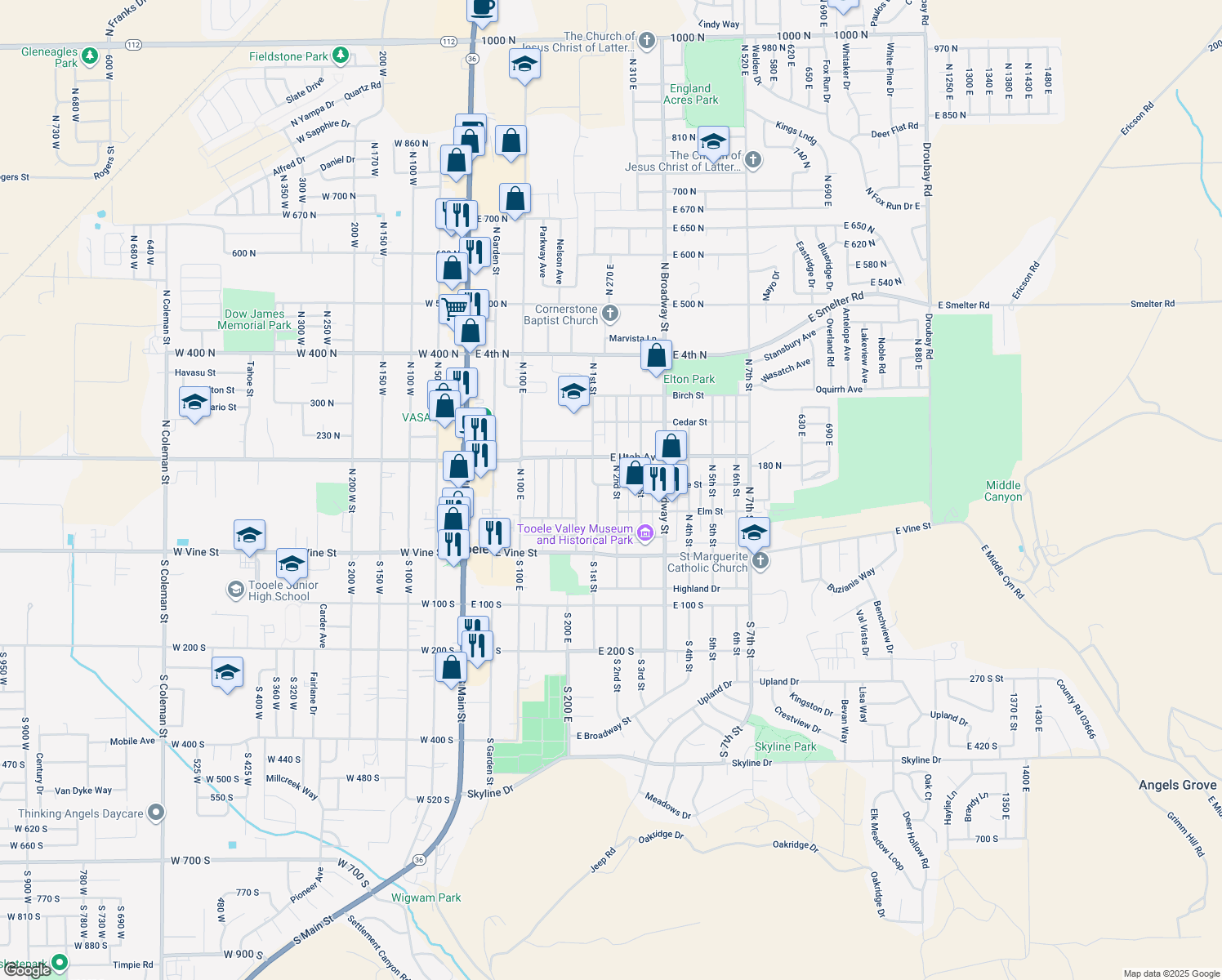map of restaurants, bars, coffee shops, grocery stores, and more near 246 Date Street in Tooele