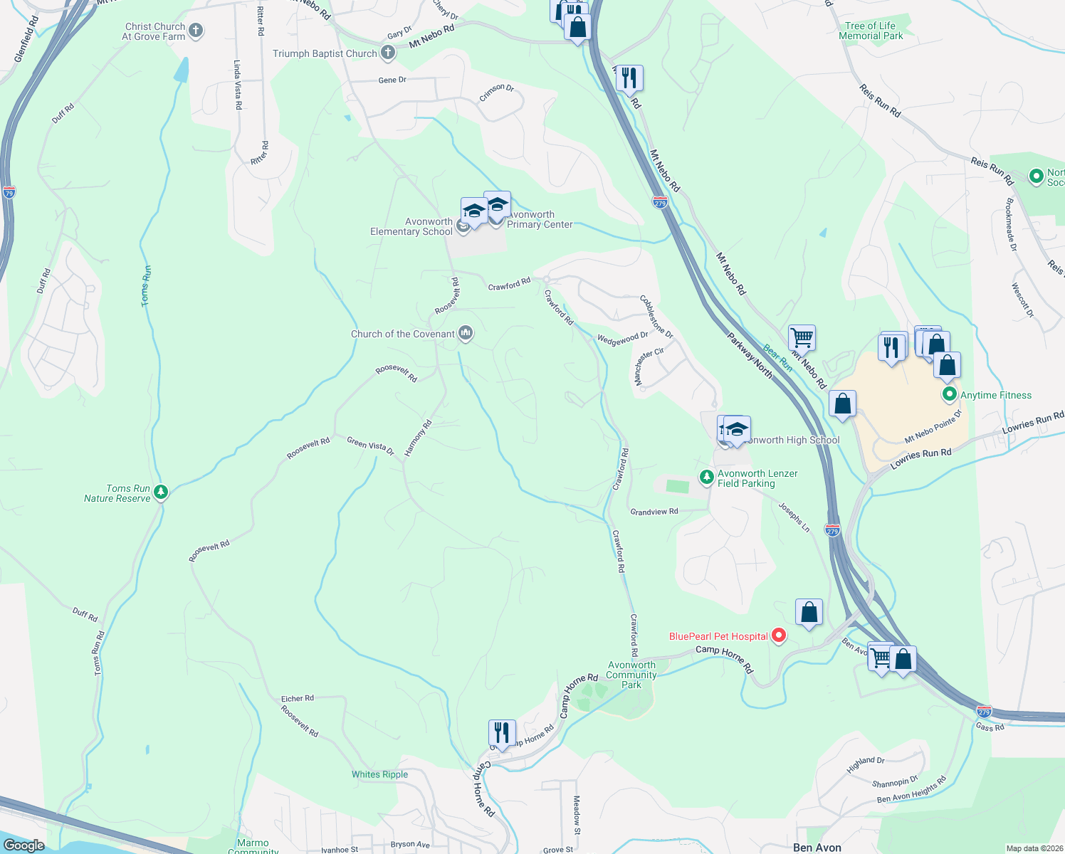 map of restaurants, bars, coffee shops, grocery stores, and more near 190 Washington Way in Pittsburgh