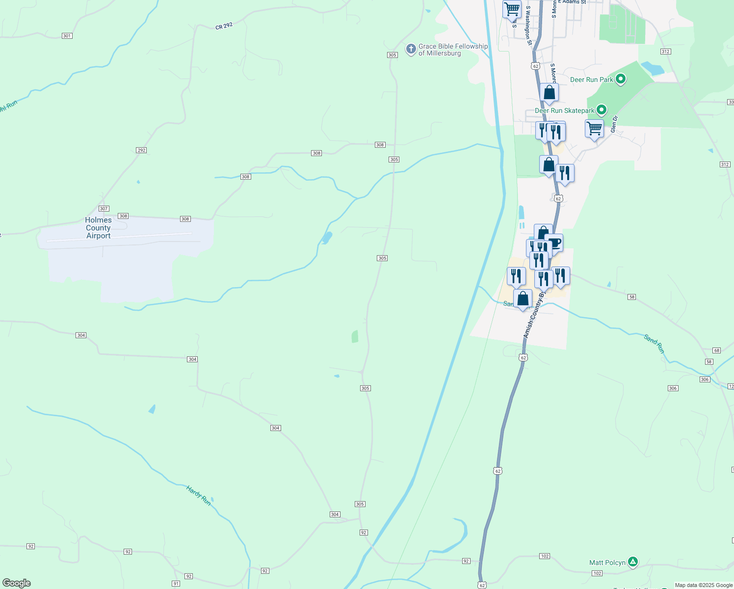 map of restaurants, bars, coffee shops, grocery stores, and more near 4315 Township Road 305 in Millersburg
