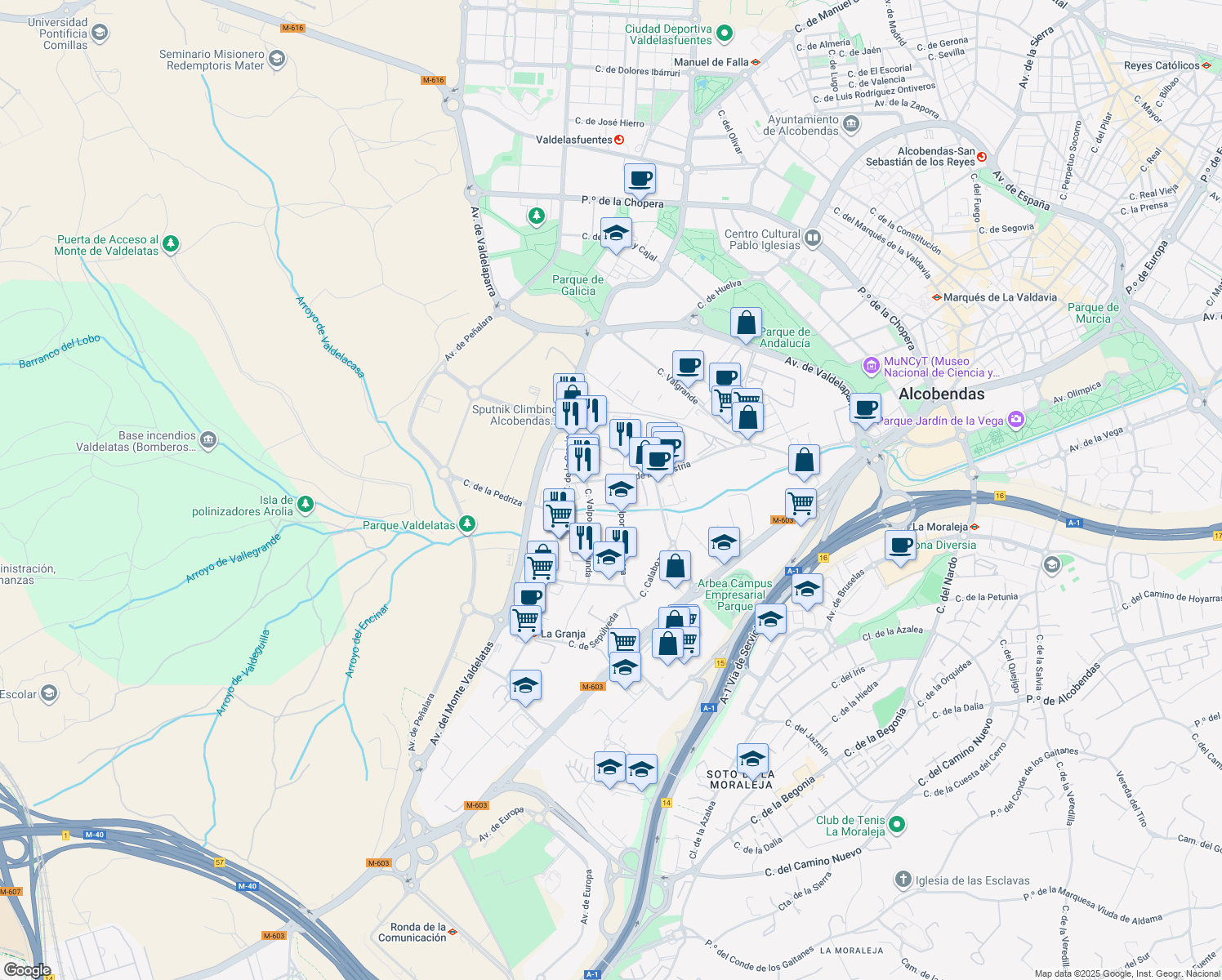 map of restaurants, bars, coffee shops, grocery stores, and more near 49 Avenida de la Industria in Alcobendas
