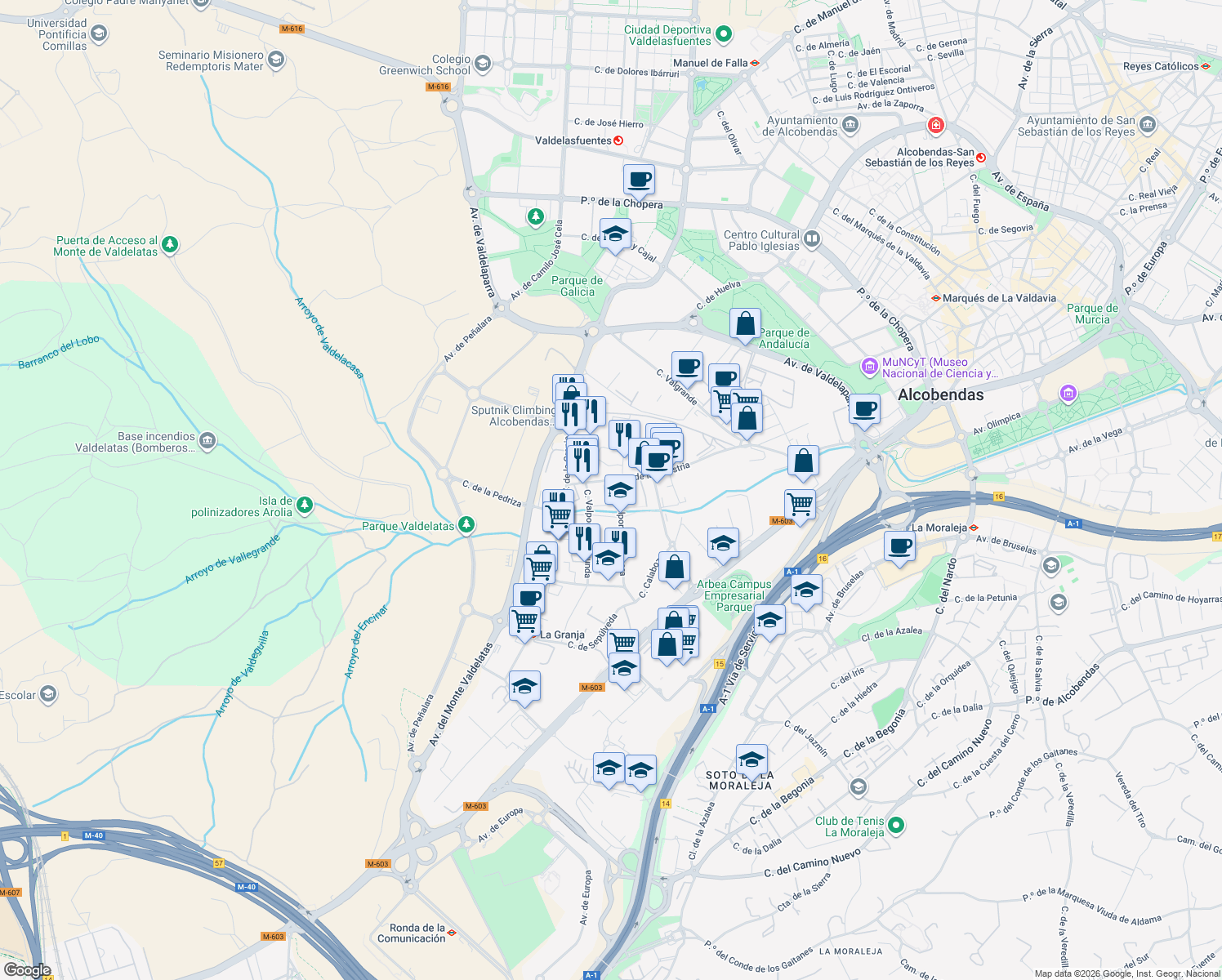 map of restaurants, bars, coffee shops, grocery stores, and more near 49 Avenida de la Industria in Alcobendas