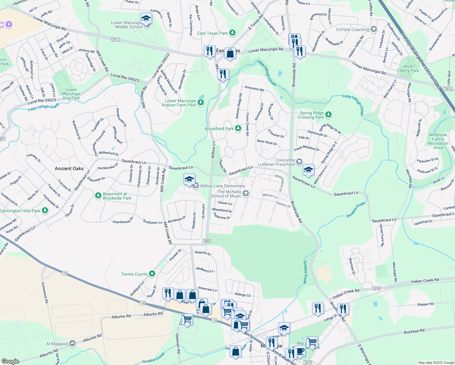 map of restaurants, bars, coffee shops, grocery stores, and more near 2652 Thistle Road in Macungie
