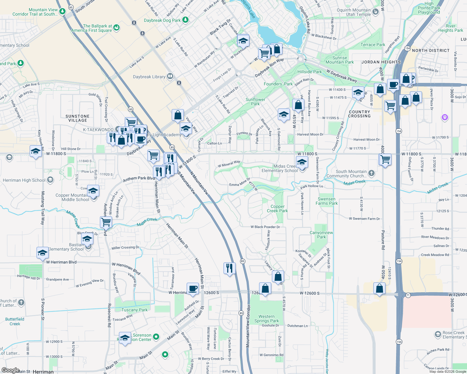 map of restaurants, bars, coffee shops, grocery stores, and more near 4863 Emma Mine Drive in Herriman