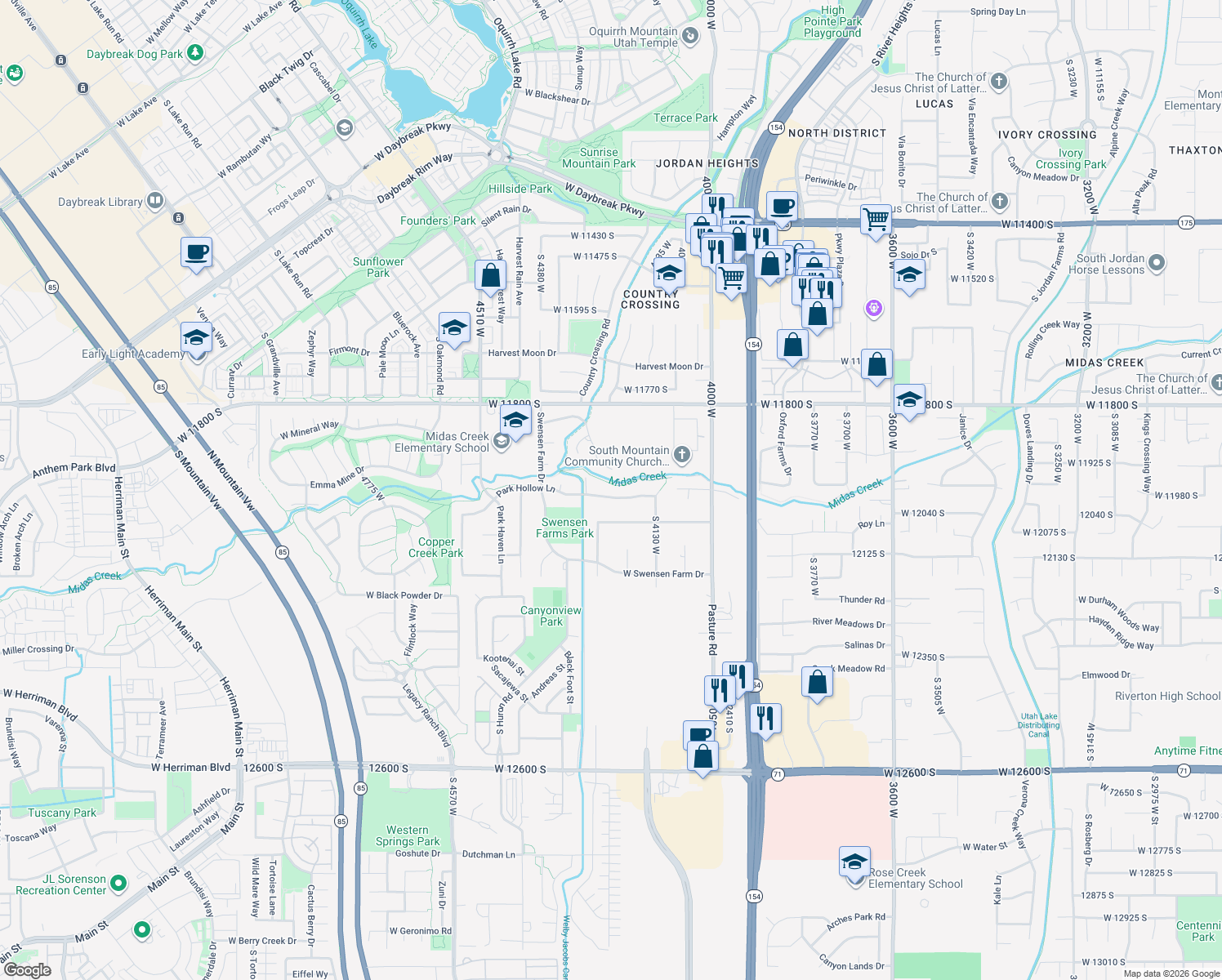 map of restaurants, bars, coffee shops, grocery stores, and more near 4212 Park Hollow Lane in Riverton
