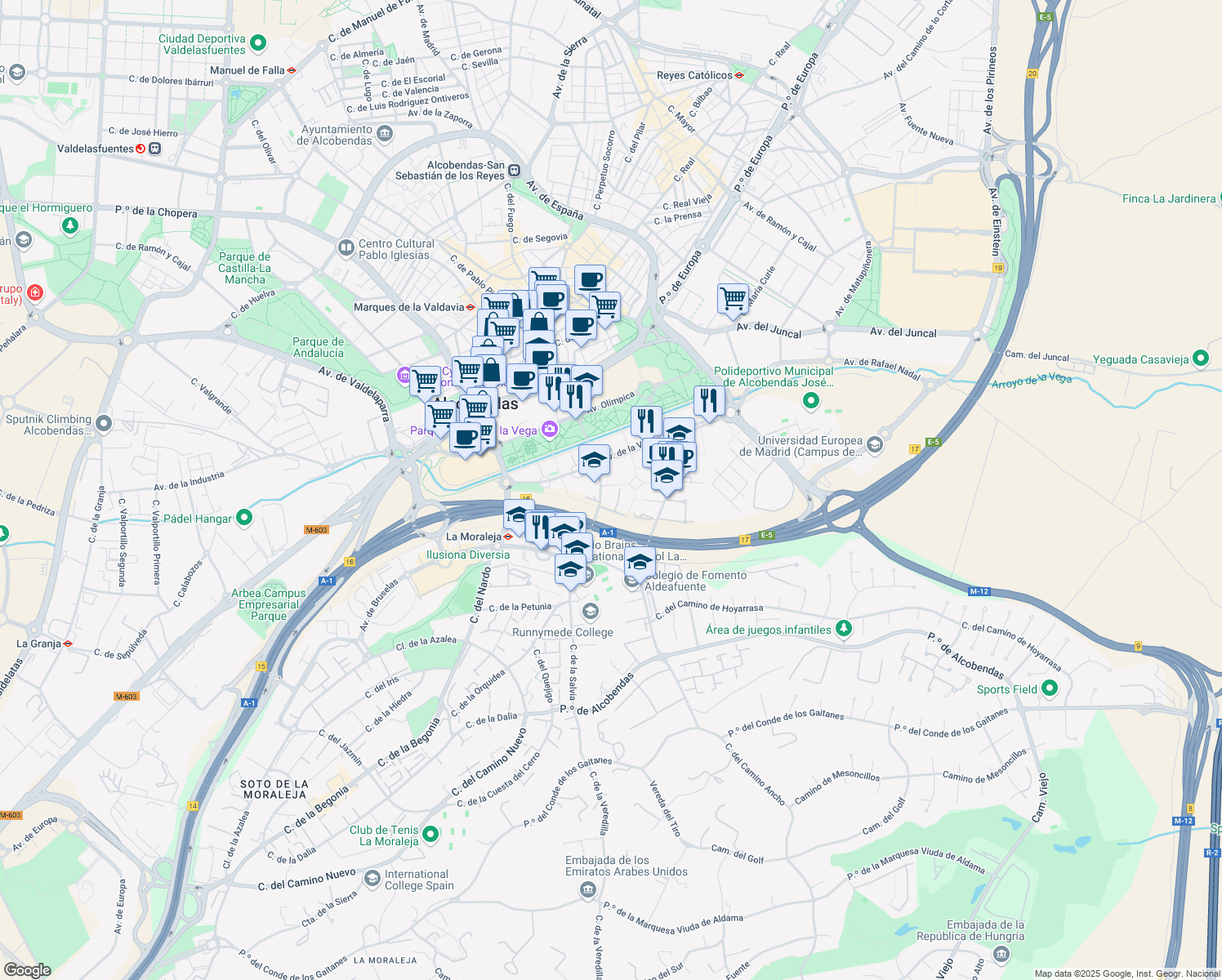 map of restaurants, bars, coffee shops, grocery stores, and more near 9 Calle de Francisca Delgado in Alcobendas