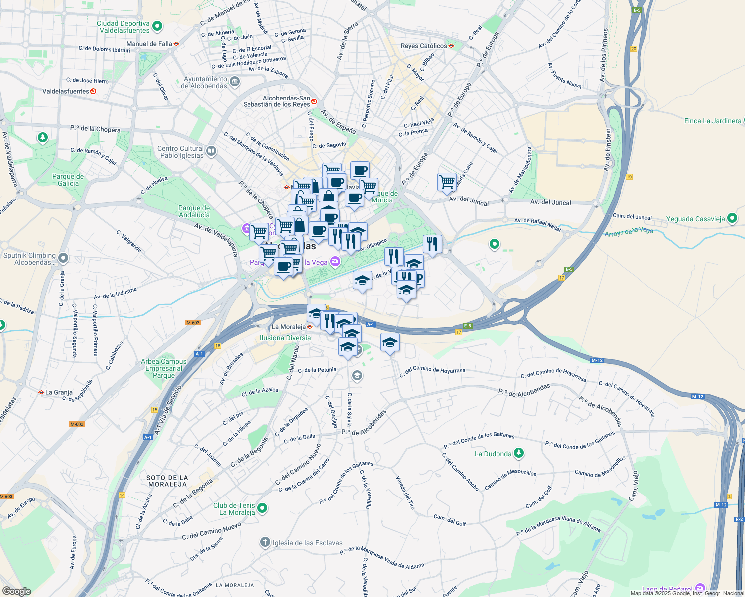 map of restaurants, bars, coffee shops, grocery stores, and more near 9 Calle de Francisca Delgado in Alcobendas