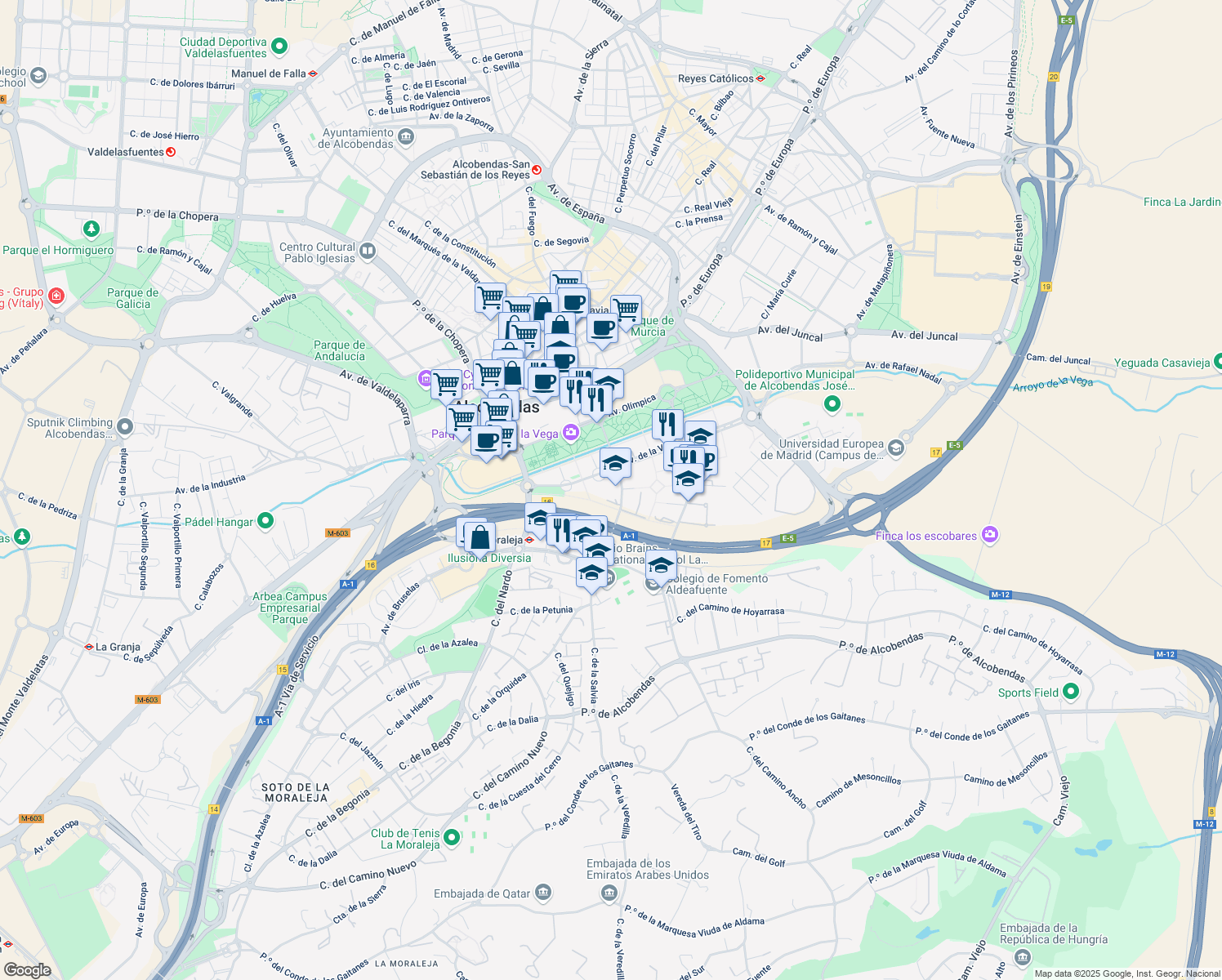map of restaurants, bars, coffee shops, grocery stores, and more near 15 Avenida de la Vega in Alcobendas