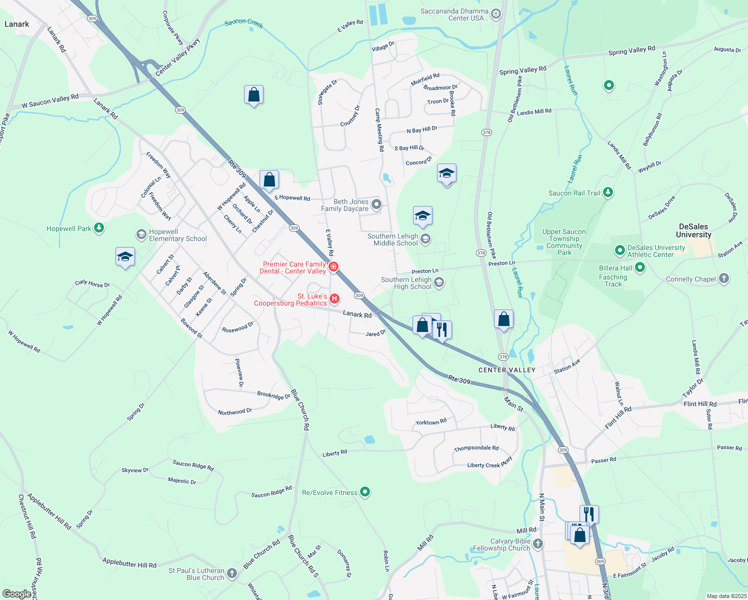map of restaurants, bars, coffee shops, grocery stores, and more near 5537 Pennsylvania 309 in Lehigh County
