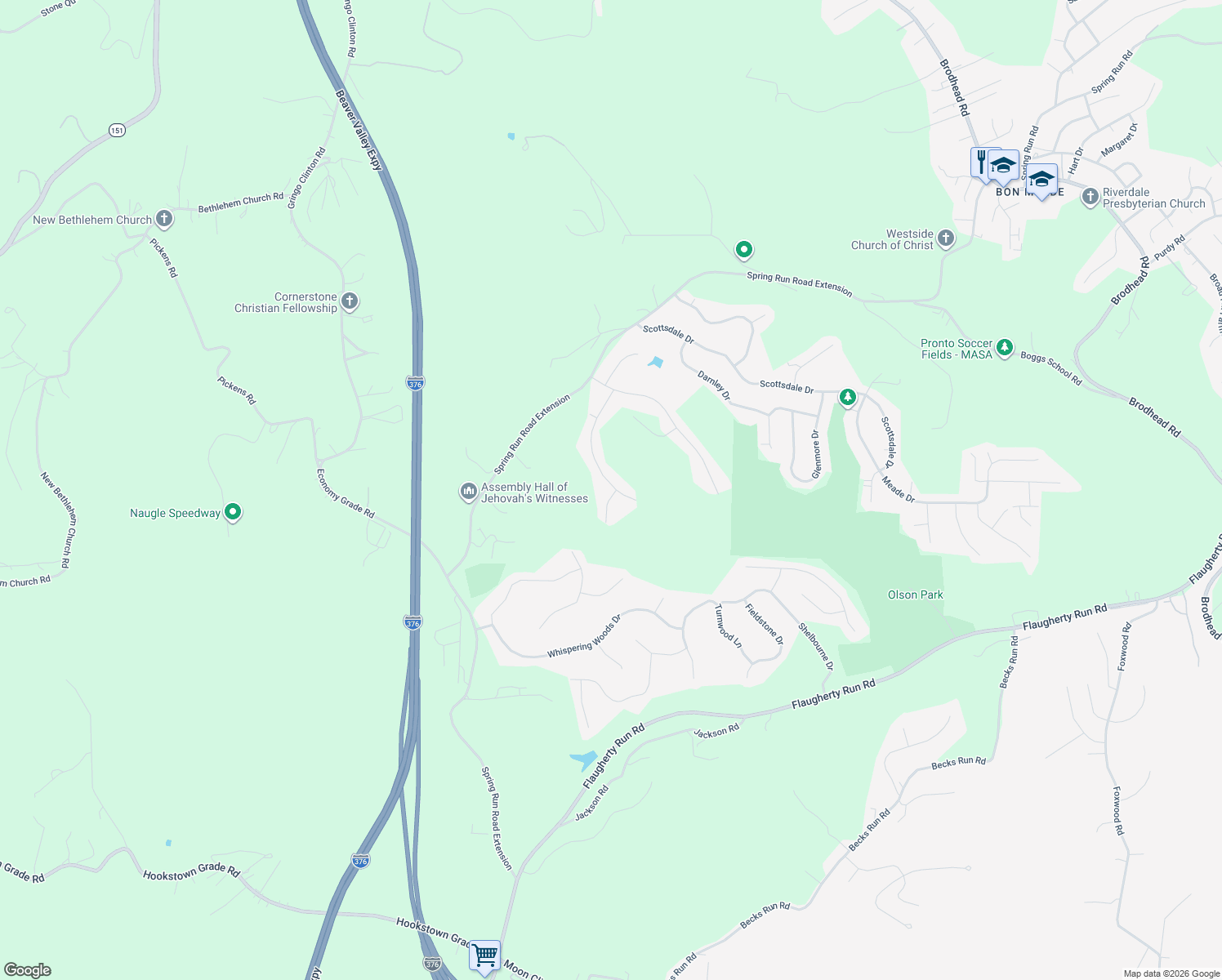 map of restaurants, bars, coffee shops, grocery stores, and more near 350 Ranchero Drive in Allegheny County
