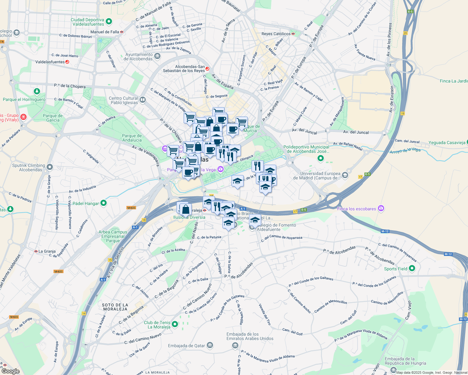 map of restaurants, bars, coffee shops, grocery stores, and more near 15 Avenida de la Vega in Alcobendas