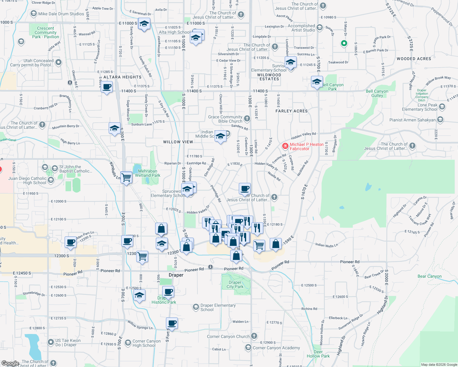 map of restaurants, bars, coffee shops, grocery stores, and more near 11938 Hidden Valley Dr in Sandy
