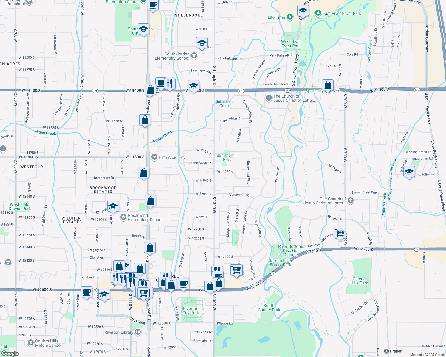 map of restaurants, bars, coffee shops, grocery stores, and more near 11942 Waterhouse Court in Riverton