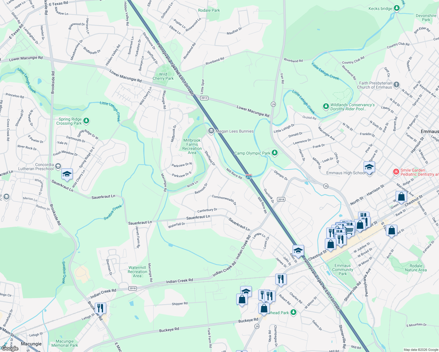 map of restaurants, bars, coffee shops, grocery stores, and more near 3086 Sheffield Dr in Emmaus