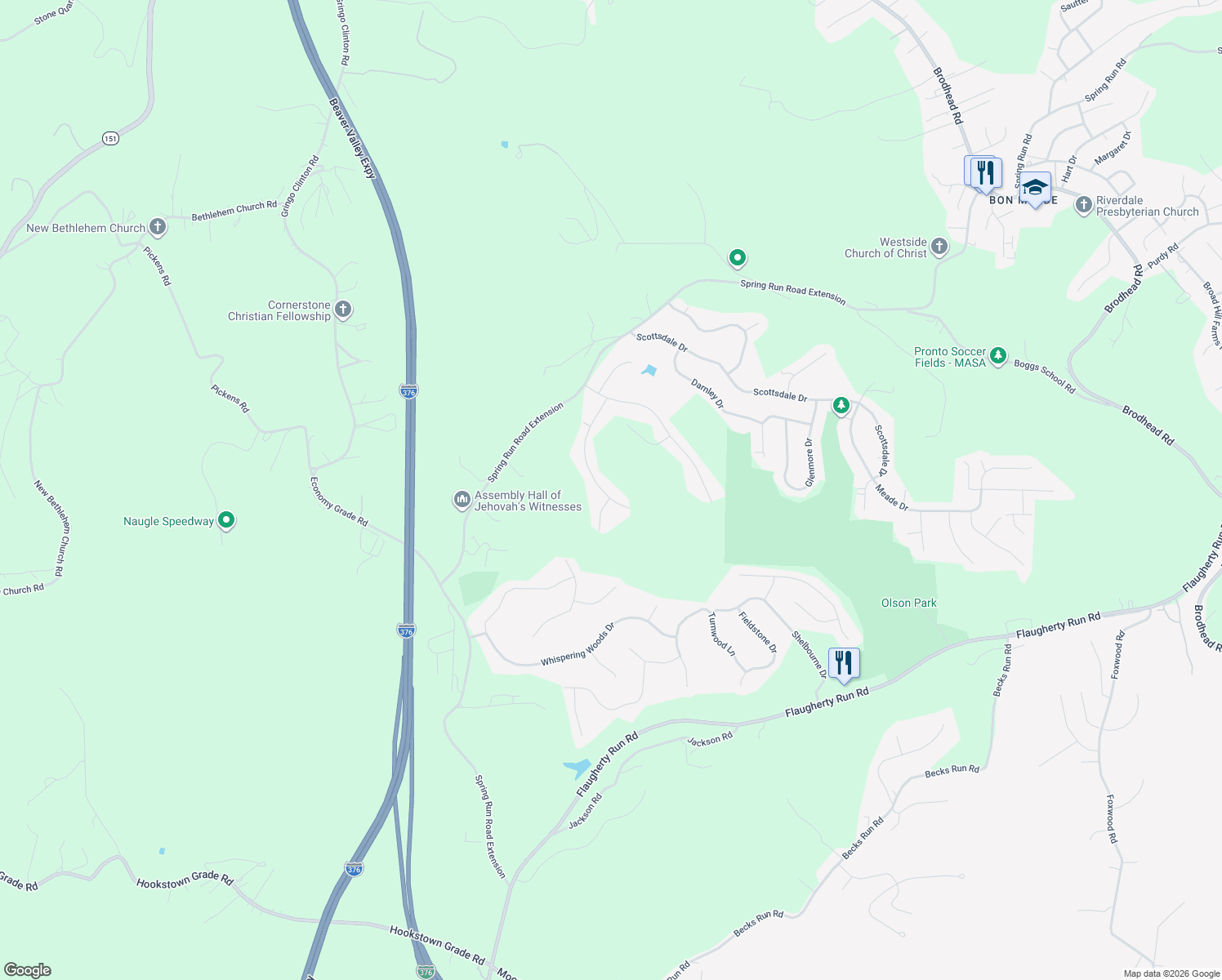 map of restaurants, bars, coffee shops, grocery stores, and more near 350 Ranchero Drive in Allegheny County