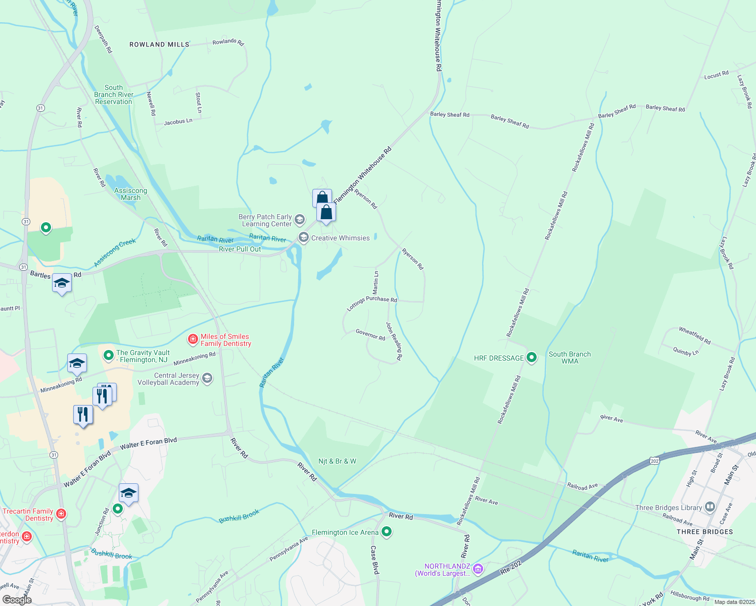 map of restaurants, bars, coffee shops, grocery stores, and more near 9 Lottings Purchase Road in Flemington
